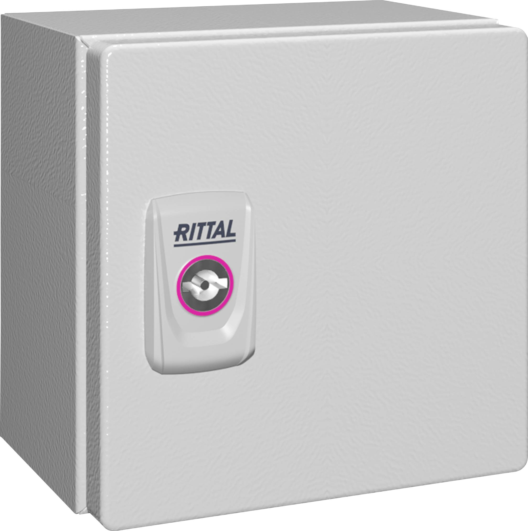 Armoire électrique grise avec serrure et le logo 'Rittal' sur la façade.