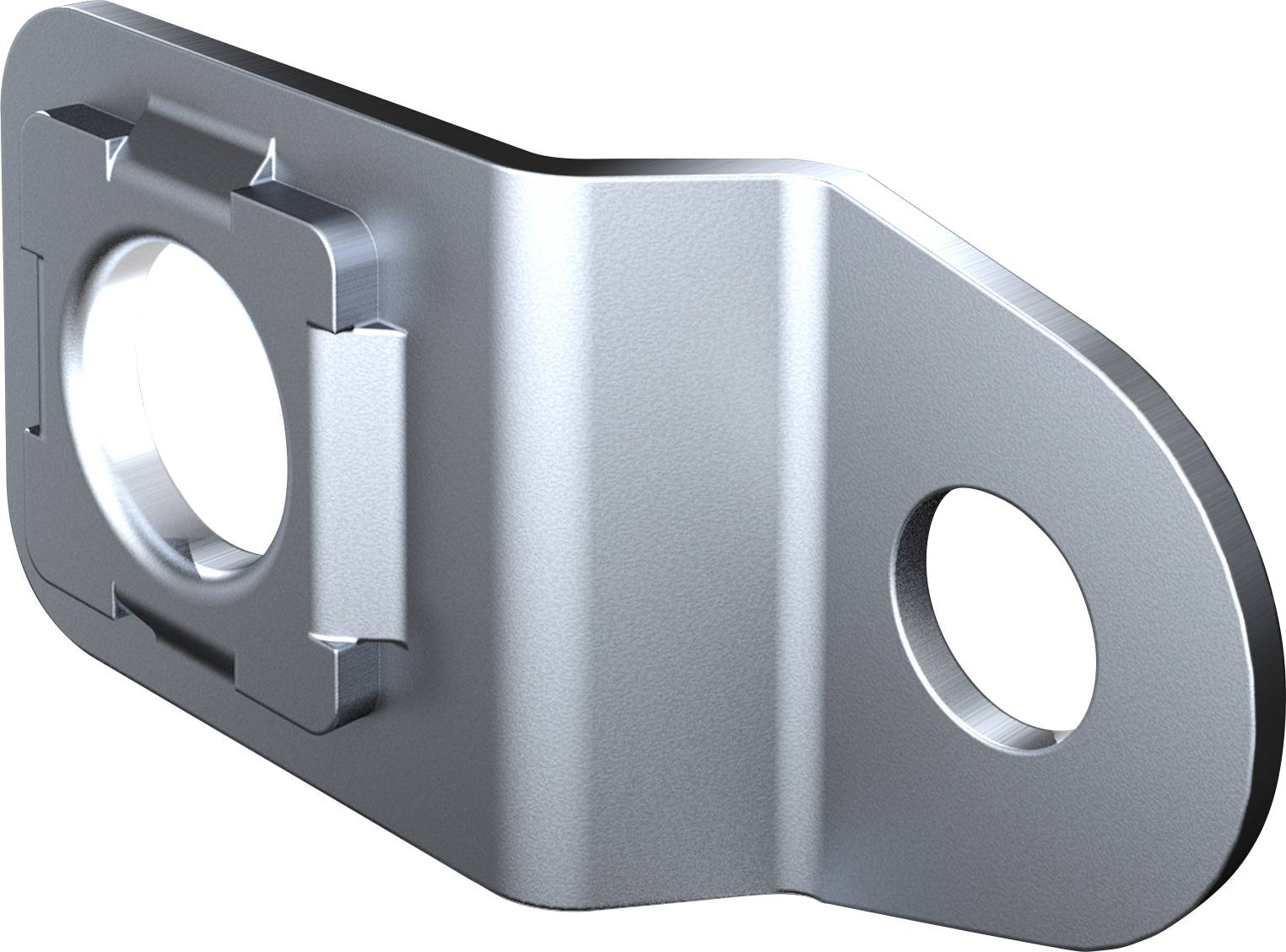 Pièce d'angle métallique à deux trous, l'un carré et l'autre rond. Utilisée pour la fixation ou le montage dans des applications techniques.