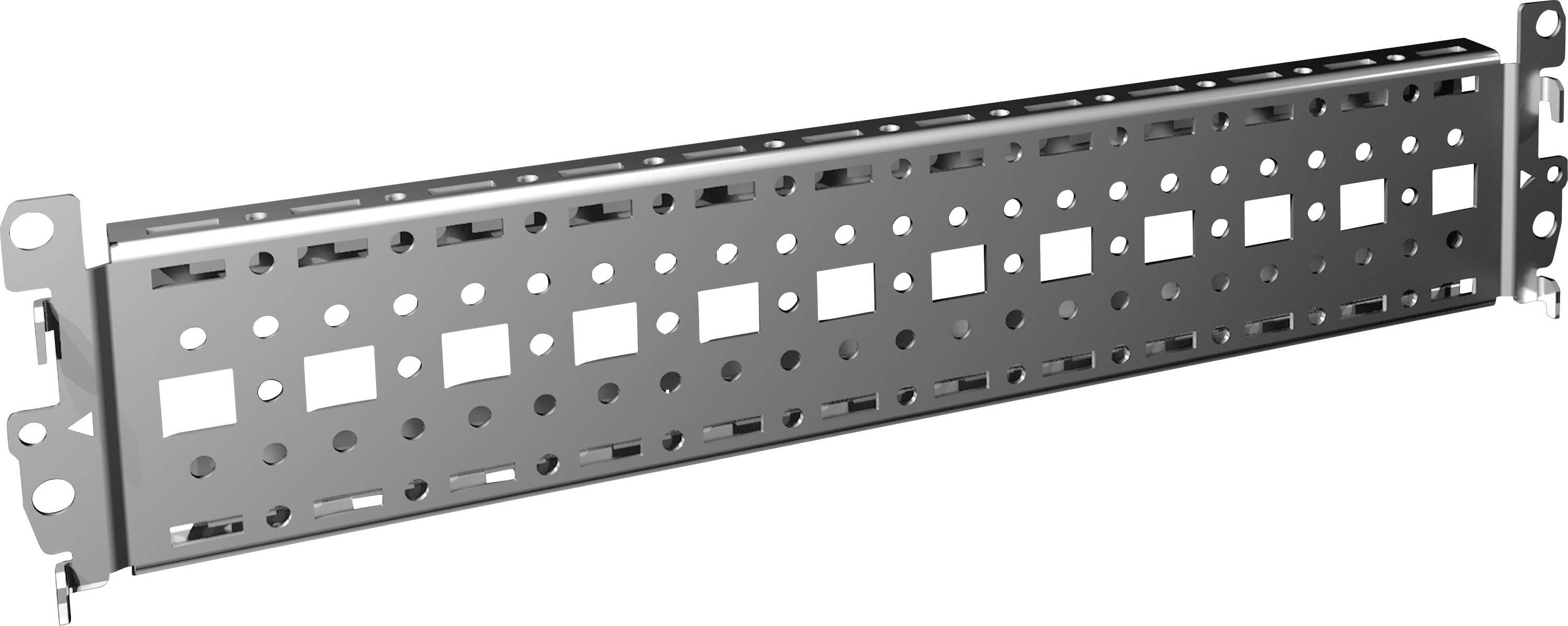 Rail métallique avec des trous carrés et ronds, probablement utilisé pour la fixation de câbles ou d'équipements dans un environnement technique.