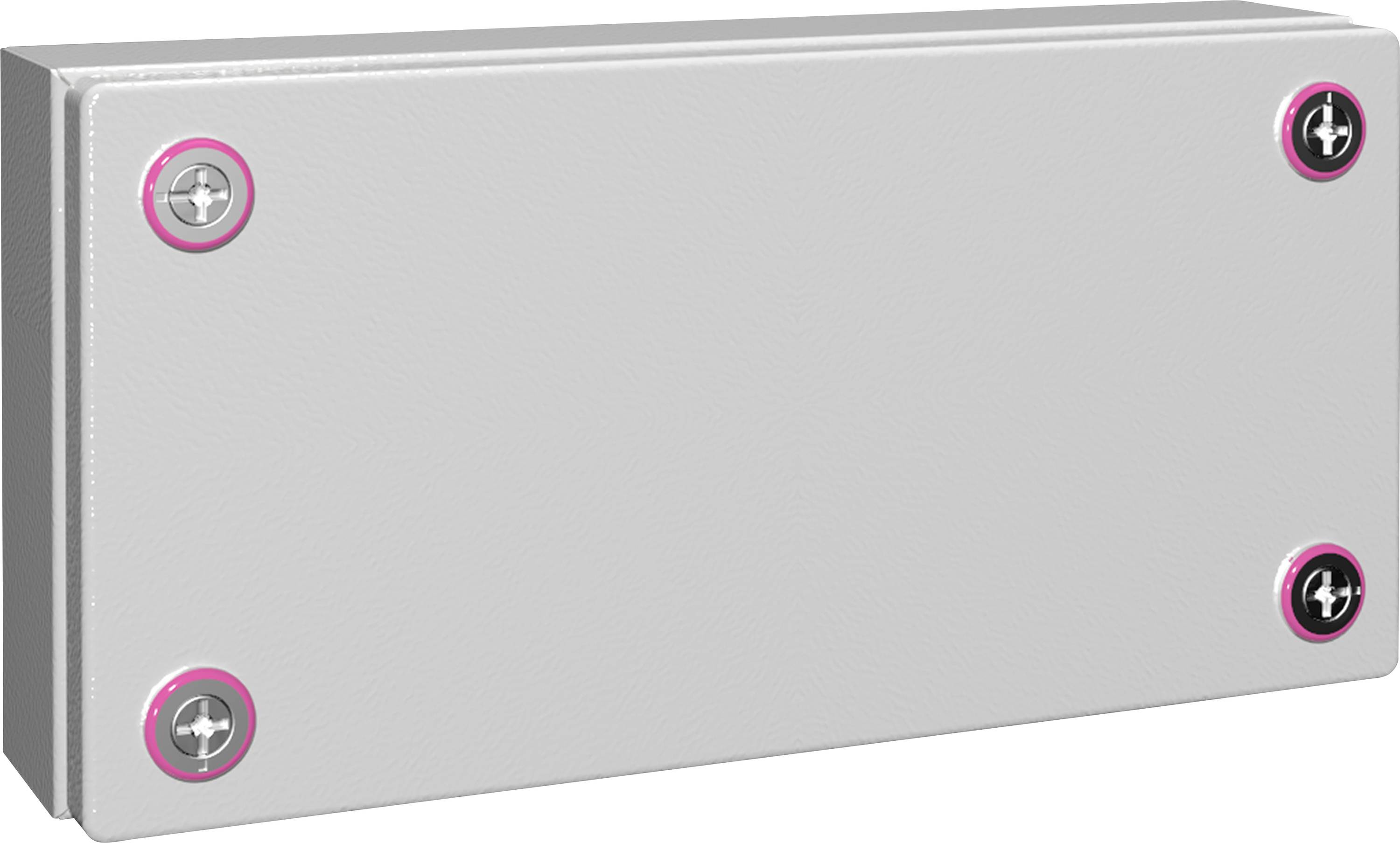 Boîte grise rectangulaire, vraisemblablement un boîtier électrique, avec quatre vis visibles aux coins.