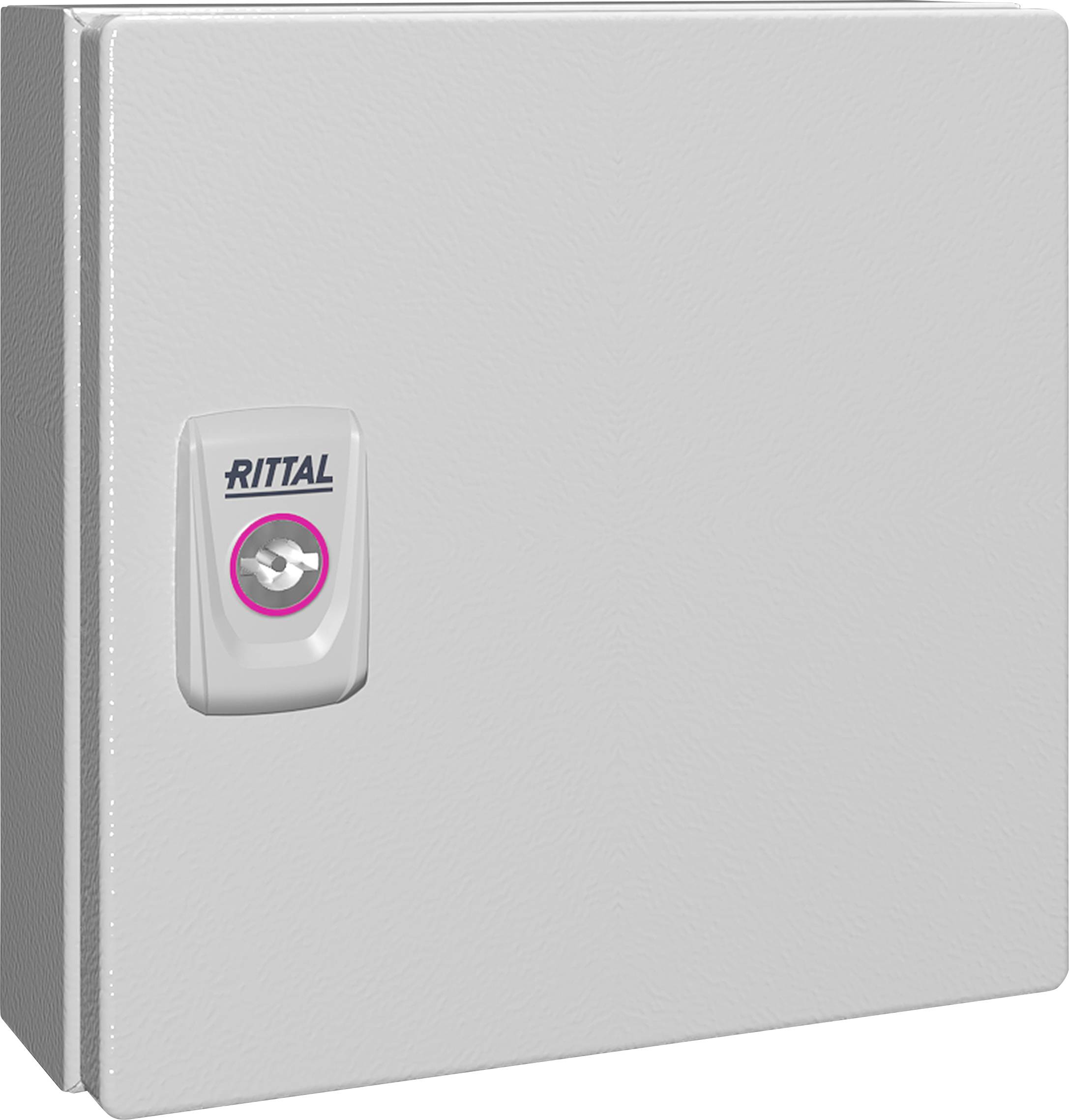 Un boîtier de commutation en métal gris portant le logo 'Rittal' sur le verrou. Il présente un design rectangulaire simple sans boutons visibles.