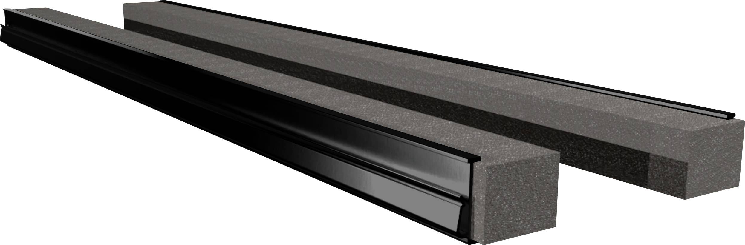 Deux longues bandes de mousse rectangulaires aux bords noirs, disposées côte à côte. Elles pourraient servir d'éléments de protection ou d'isolation.