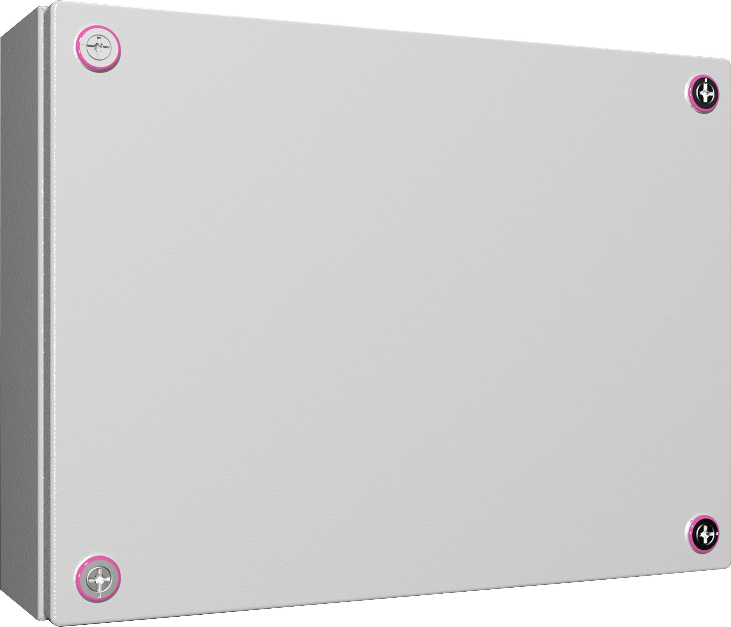 Boîtier rectangulaire gris avec quatre vis aux coins. Aucune marque ou étiquette visible.
