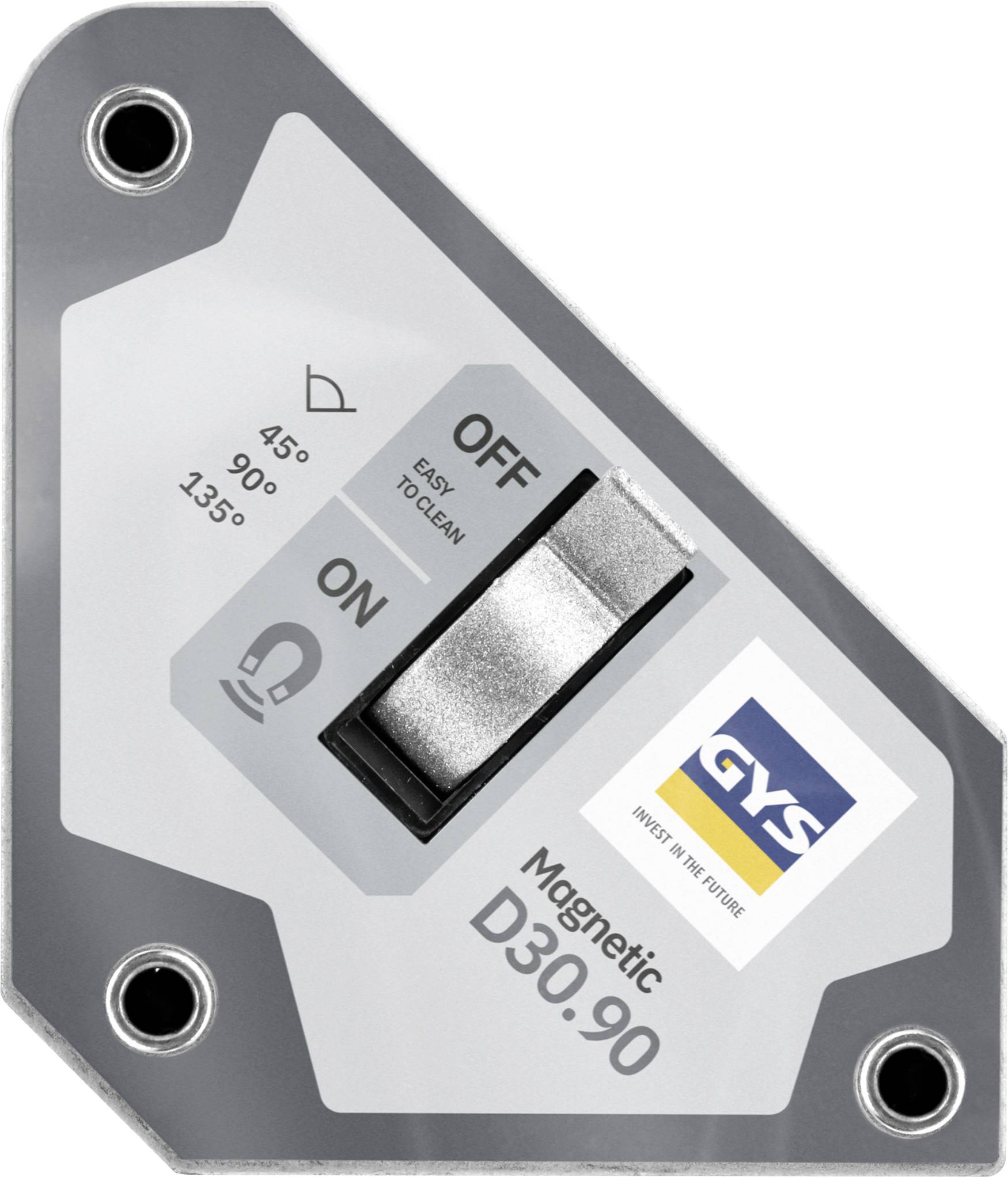 Gros plan d'un rapporteur d'angle magnétique avec un interrupteur ON/OFF, marqué 45°, 90°, 135° et étiqueté « Magnetic D30-90 » avec le logo GYS.