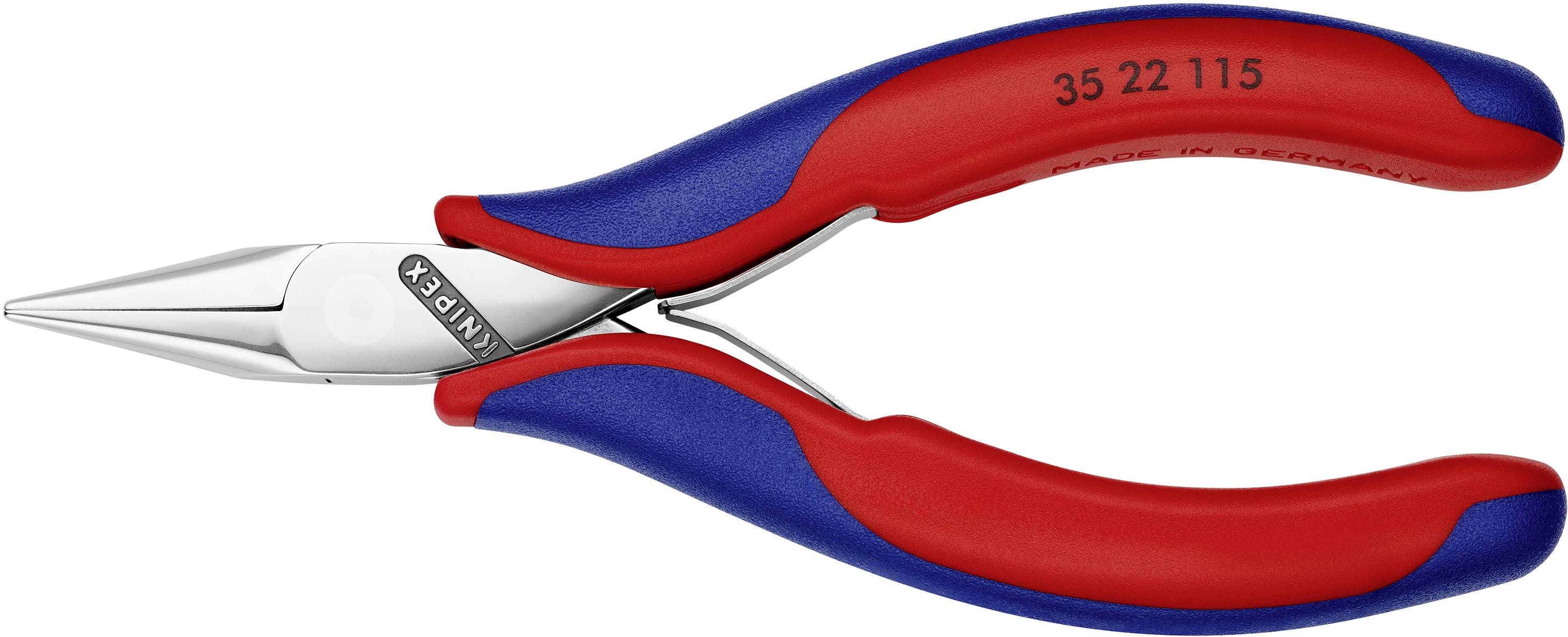 Pince à bec pointu avec poignées rouge et bleue. Pointe de pince métallique, adaptée pour une préhension précise. Numéro de marque visible sur la poignée.