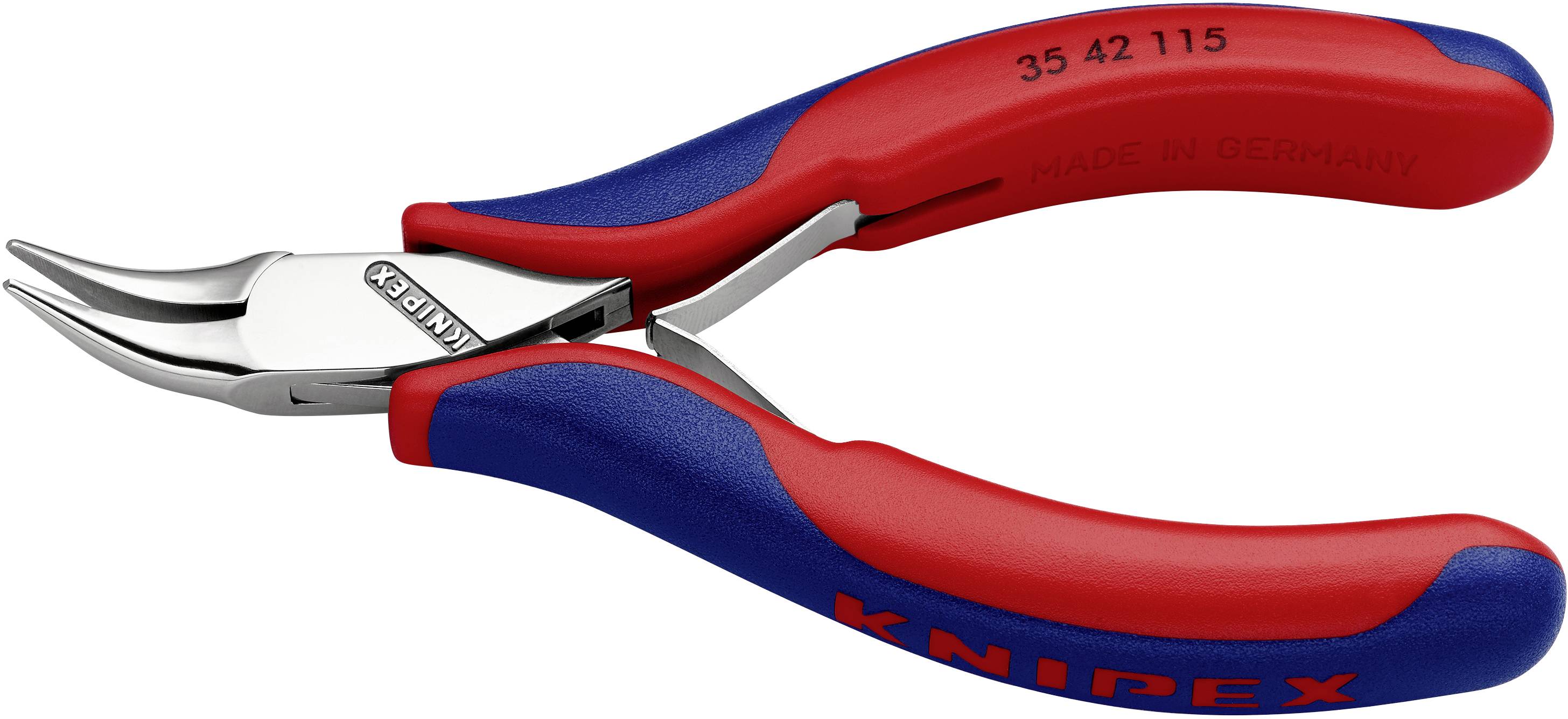 Un ensemble de pinces Knipex rouge et bleu avec des mâchoires courbes et un marquage « Made in Germany ».