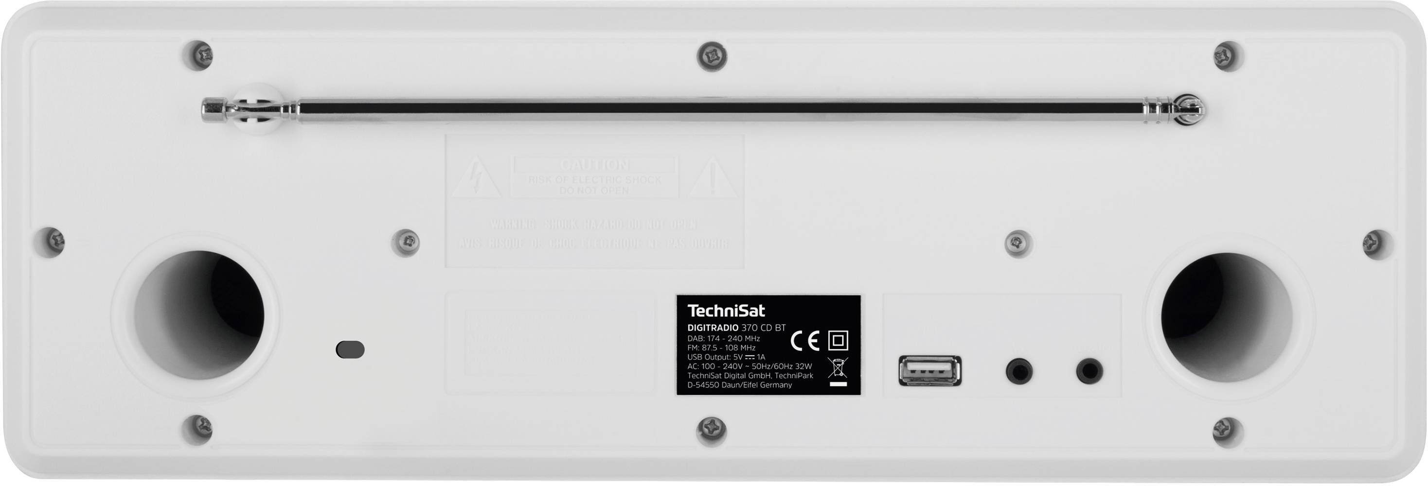 Vue arrière d'un appareil TechniSat avec des ouvertures pour les haut-parleurs, une entrée USB et une sortie d'antenne. Les informations du modèle sont visibles.