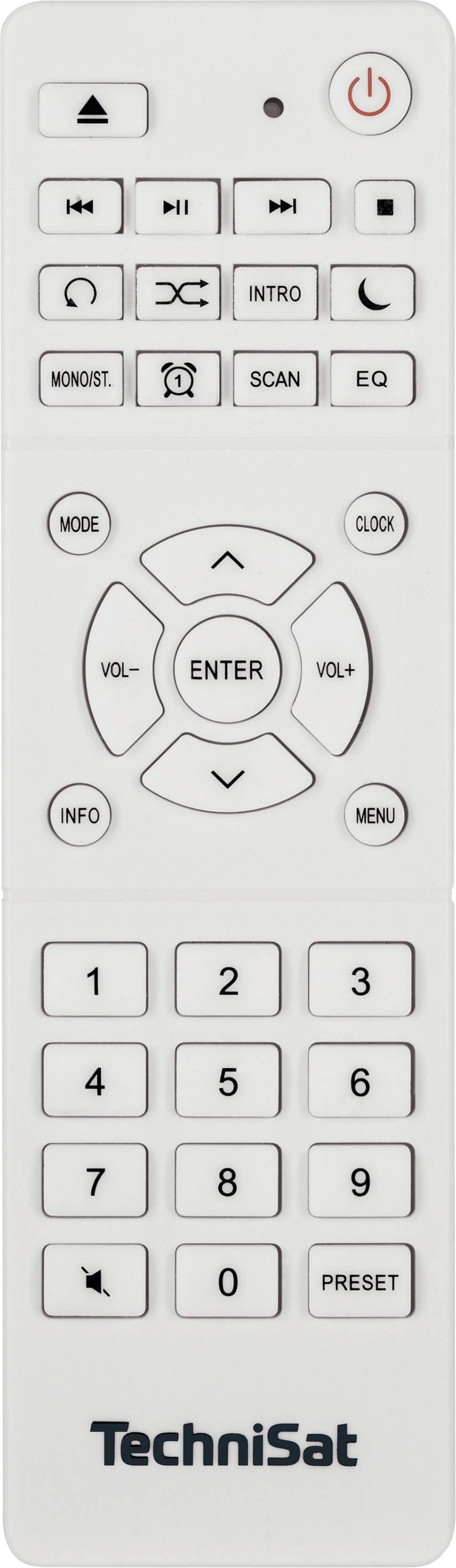 Télécommande de la marque TechniSat avec touches de mise en marche/arrêt, volume, contrôle des chaînes et menu.