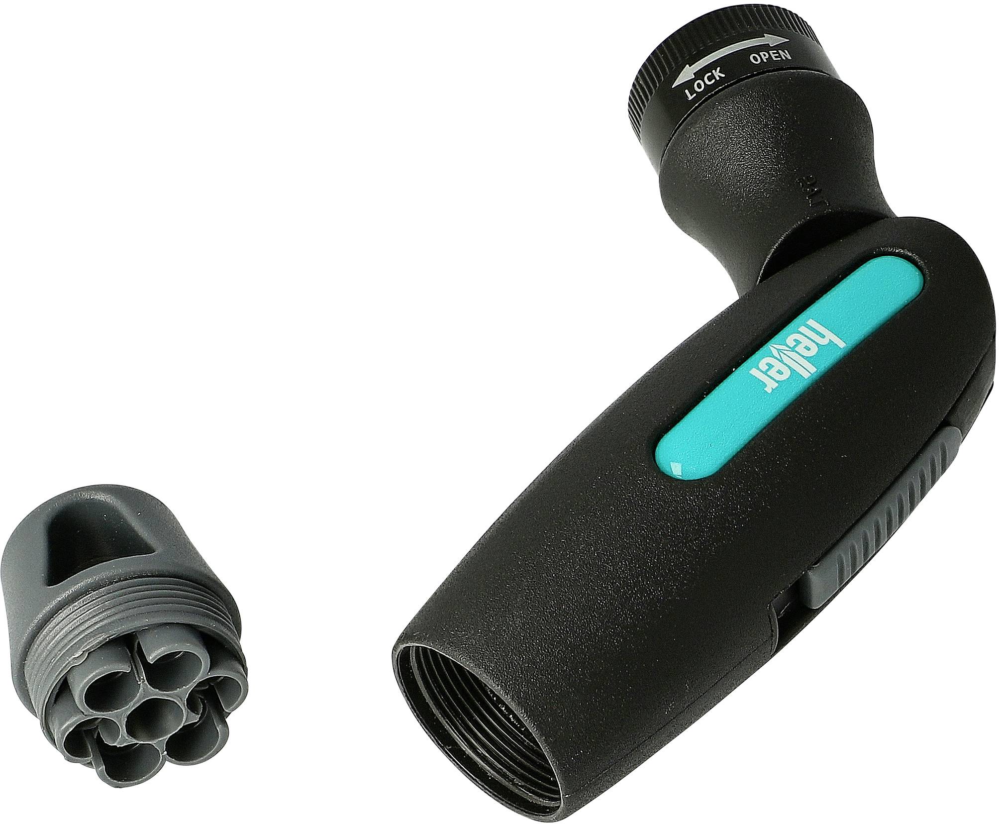 Un accessoire d'irrigation noir avec une tête de pulvérisation amovible à gauche, reconnaissable au logo 