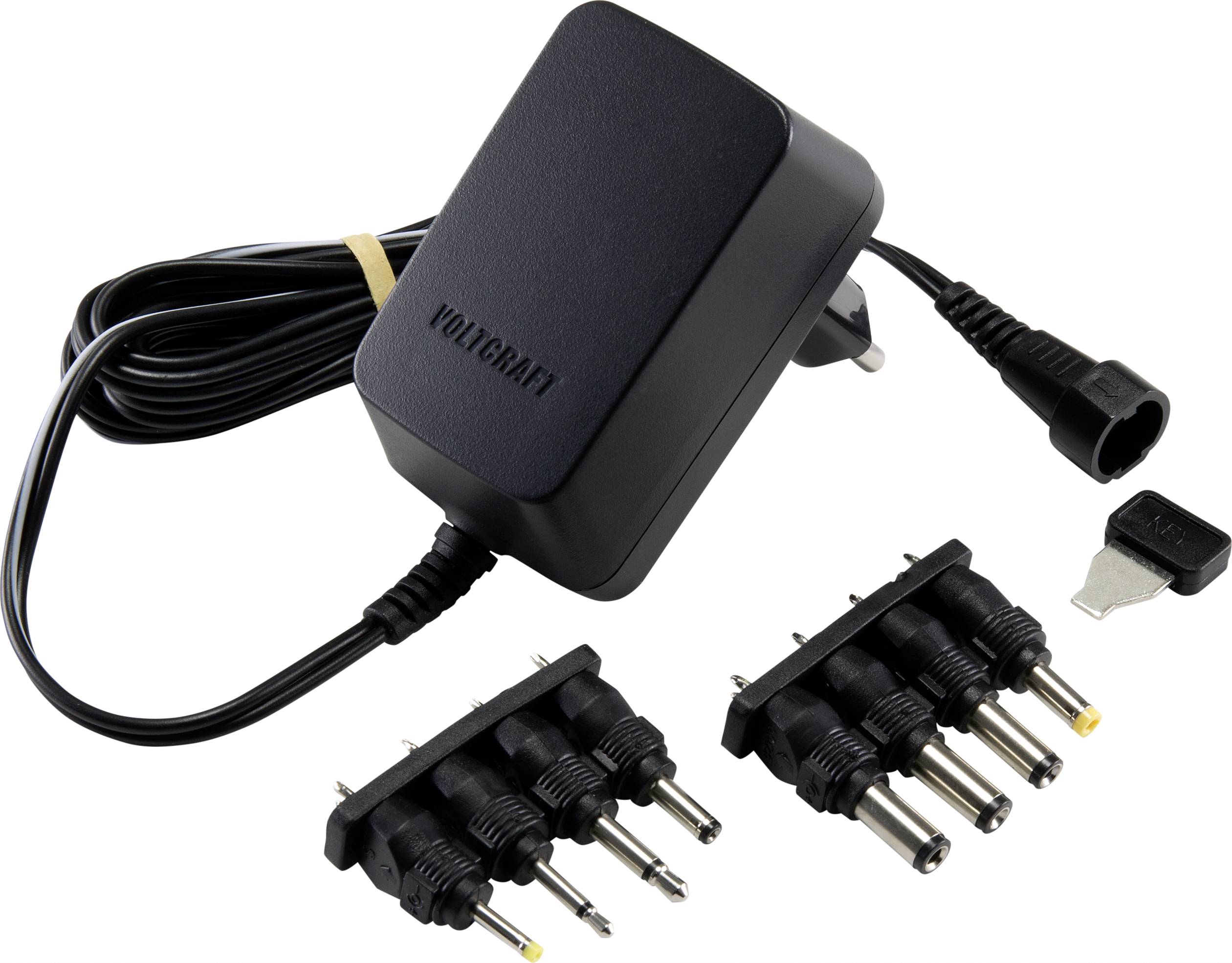 Bloc d'alimentation noir avec plusieurs fiches interchangeables et un câble d'alimentation, adapté à divers appareils électroniques.