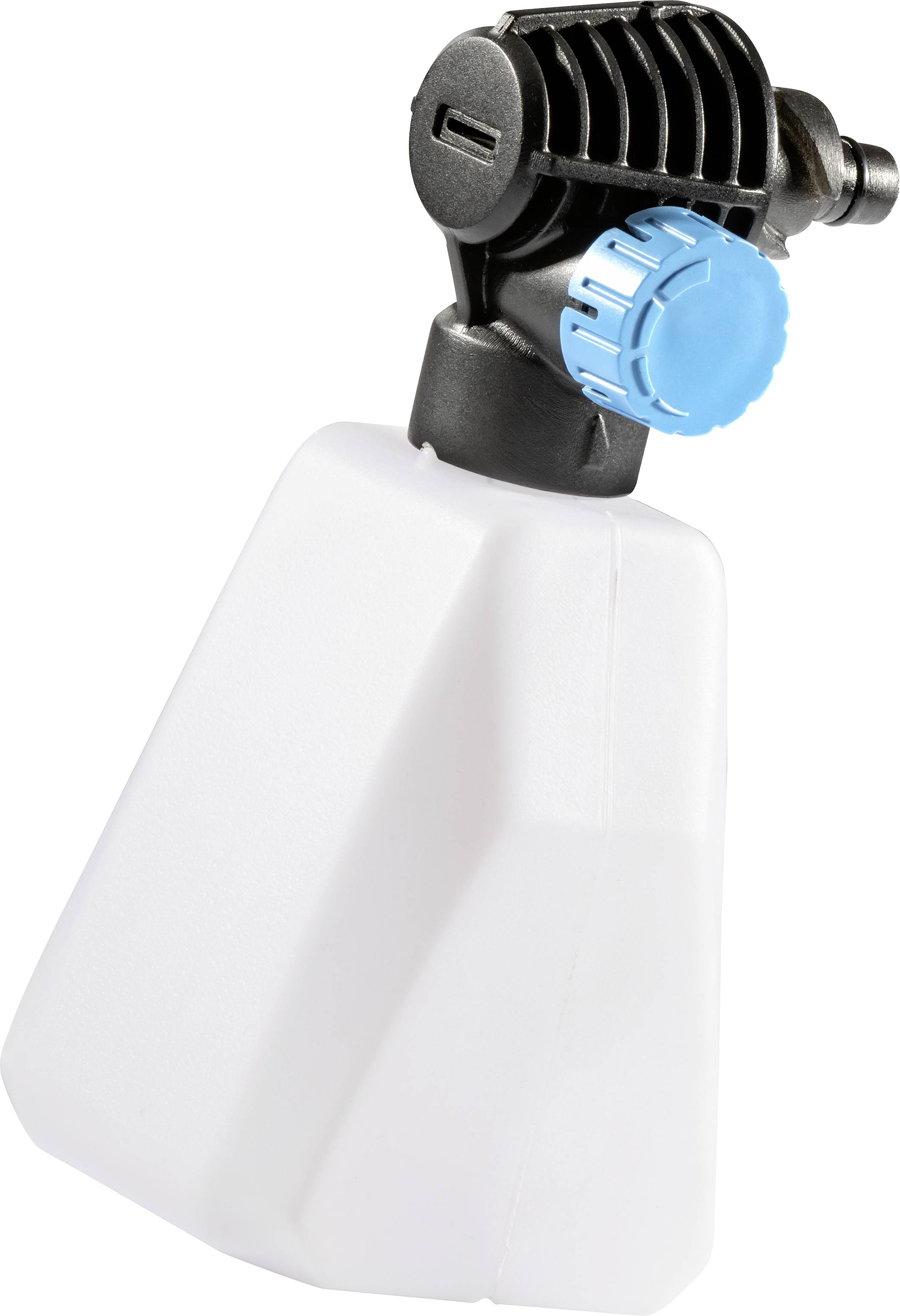 Un récipient blanc avec un pulvérisateur noir et un bouchon de fermeture bleu, probablement un dispositif de pulvérisation ou un pulvérisateur à pression.