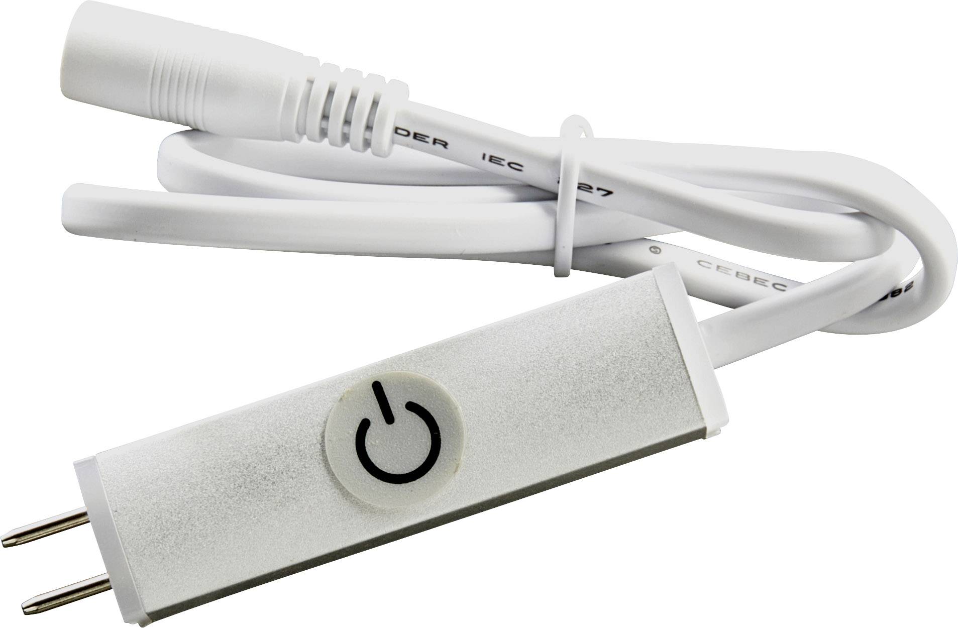 Un câble réseau blanc avec un adaptateur rectangulaire gris. L'adaptateur comporte un symbole noir de mise en marche/arrêt.