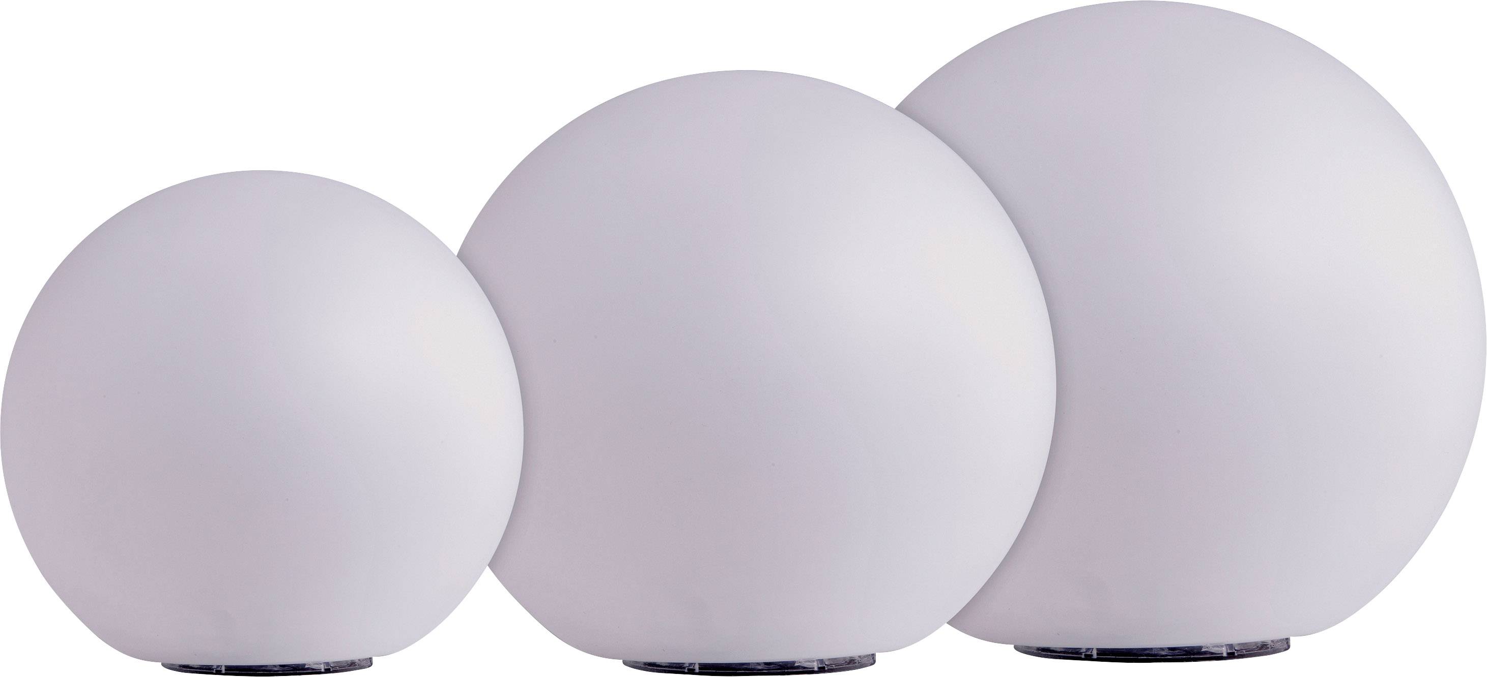 Trois lampes rondes de différentes tailles, toutes blanches. Chacune possède une surface lisse et repose sur un petit socle sombre.