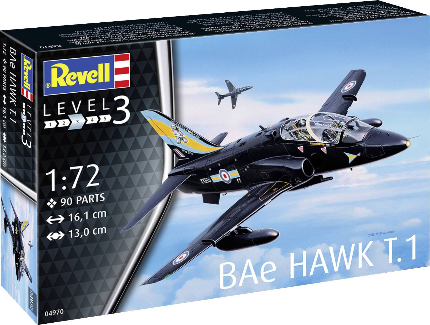 Kit de maquette Revell, Niveau 3, BAE HAWK T.1, échelle 1:72. Présente deux avions en vol, un emballage avec 90 pièces.