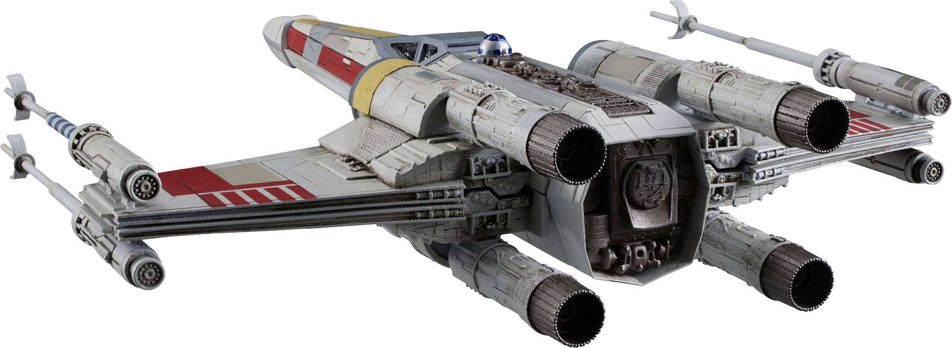 Un vaisseau spatial futuriste aux ailes en forme de X et équipé de plusieurs propulseurs traverse l'espace.