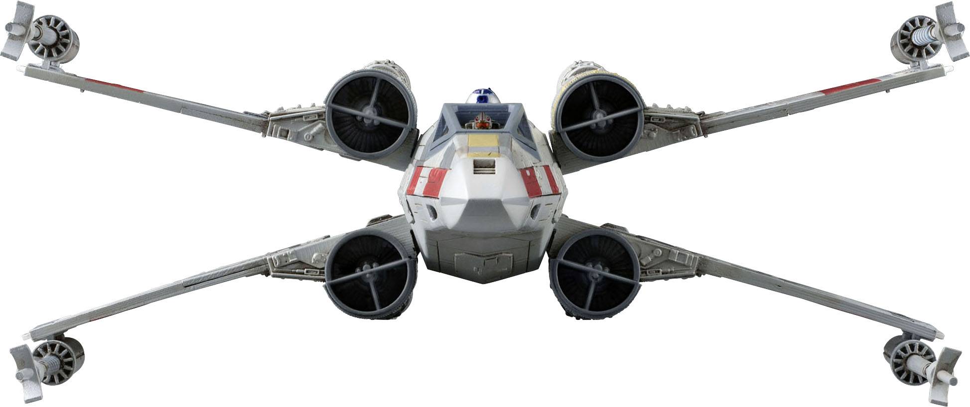 Un vaisseau spatial dans le style science-fiction classique, avec quatre ailes disposées en croix, célèbre dans une série de films bien connue.