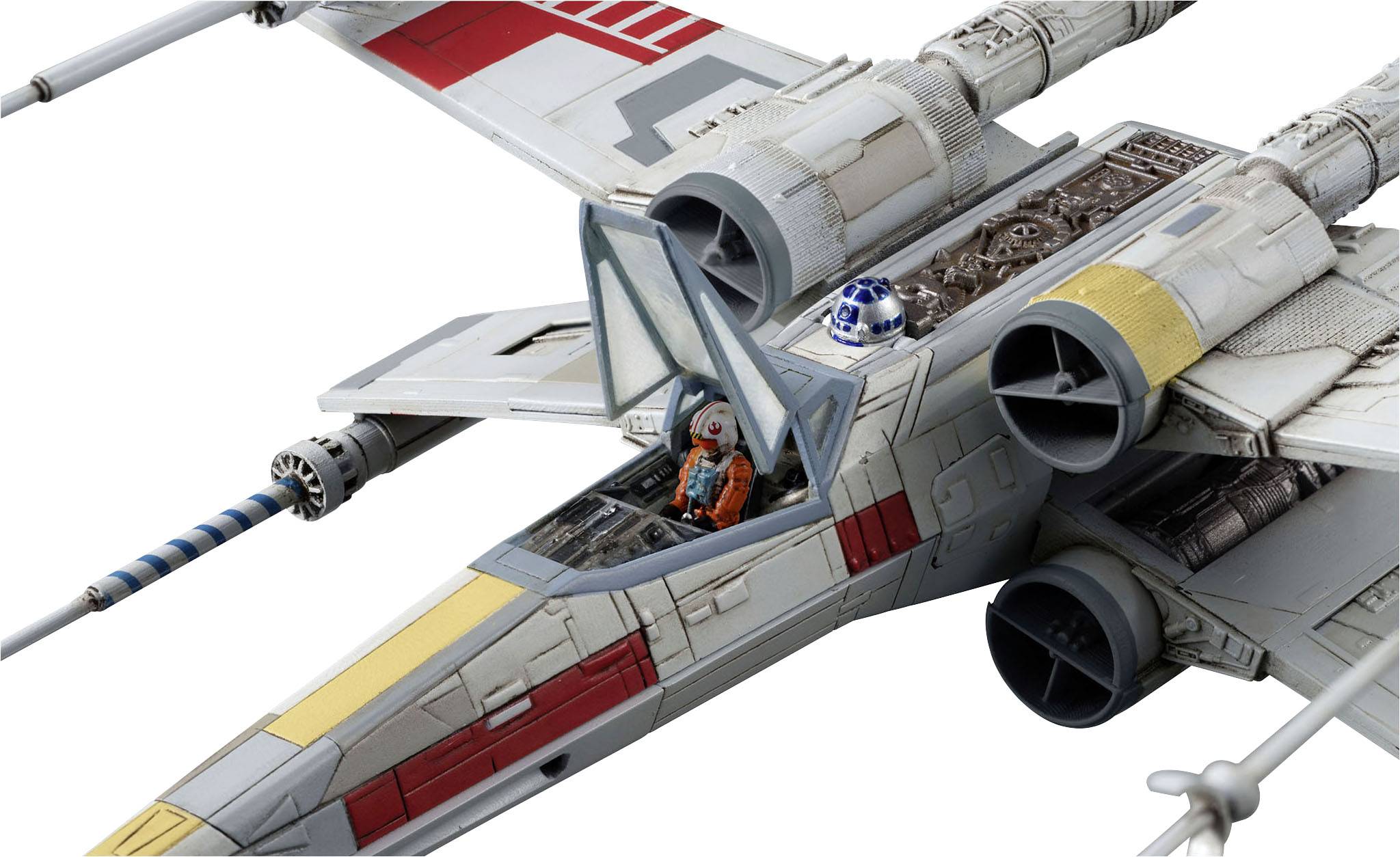 Un vaisseau spatial à quatre ailes et un robot rond sur le dos ; un pilote est assis dans le cockpit.