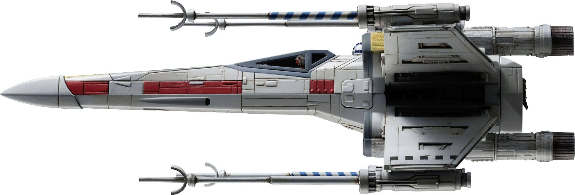 Un modèle de vaisseau spatial au fuselage élancé, gris, avec des touches rouge et blanc. Deux paires d'ailes armées de canons sont fixées sur les côtés.