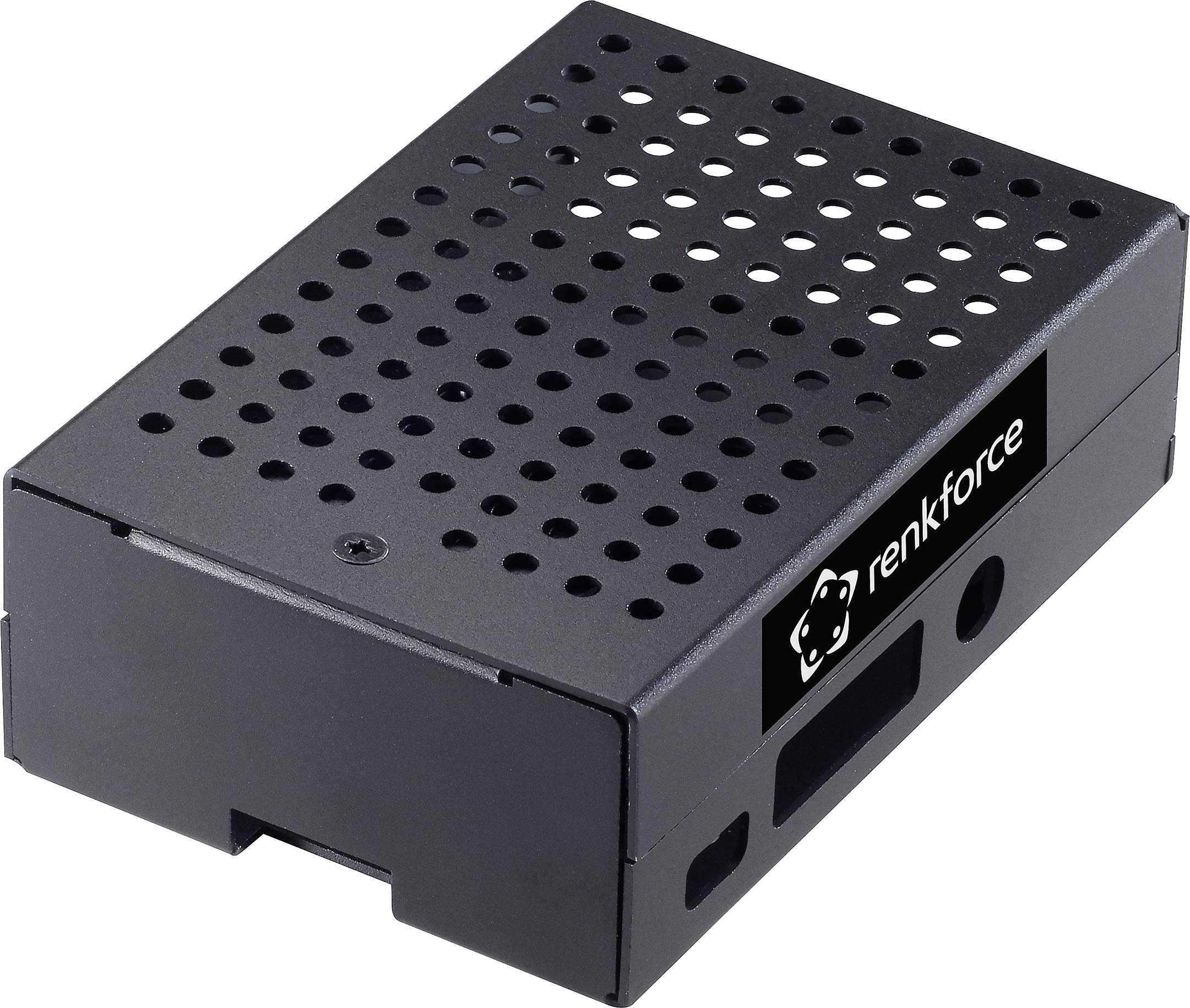 Un boîtier noir perforé pour Raspberry Pi avec le logo 'renkforce' sur le côté.