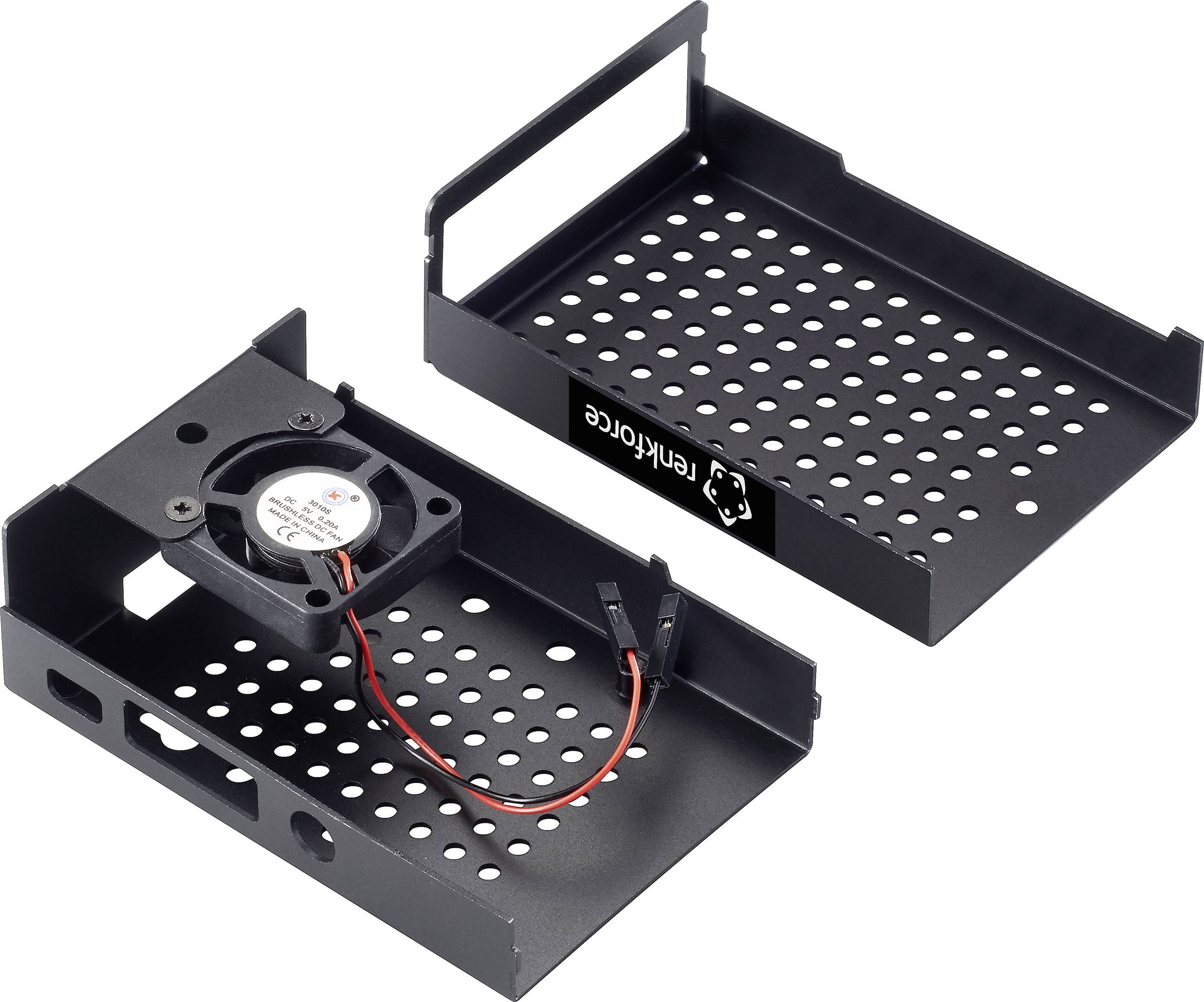 Deux supports de disque dur en métal noir avec des trous de ventilation, l'un doté d'un ventilateur intégré, l'autre sans.