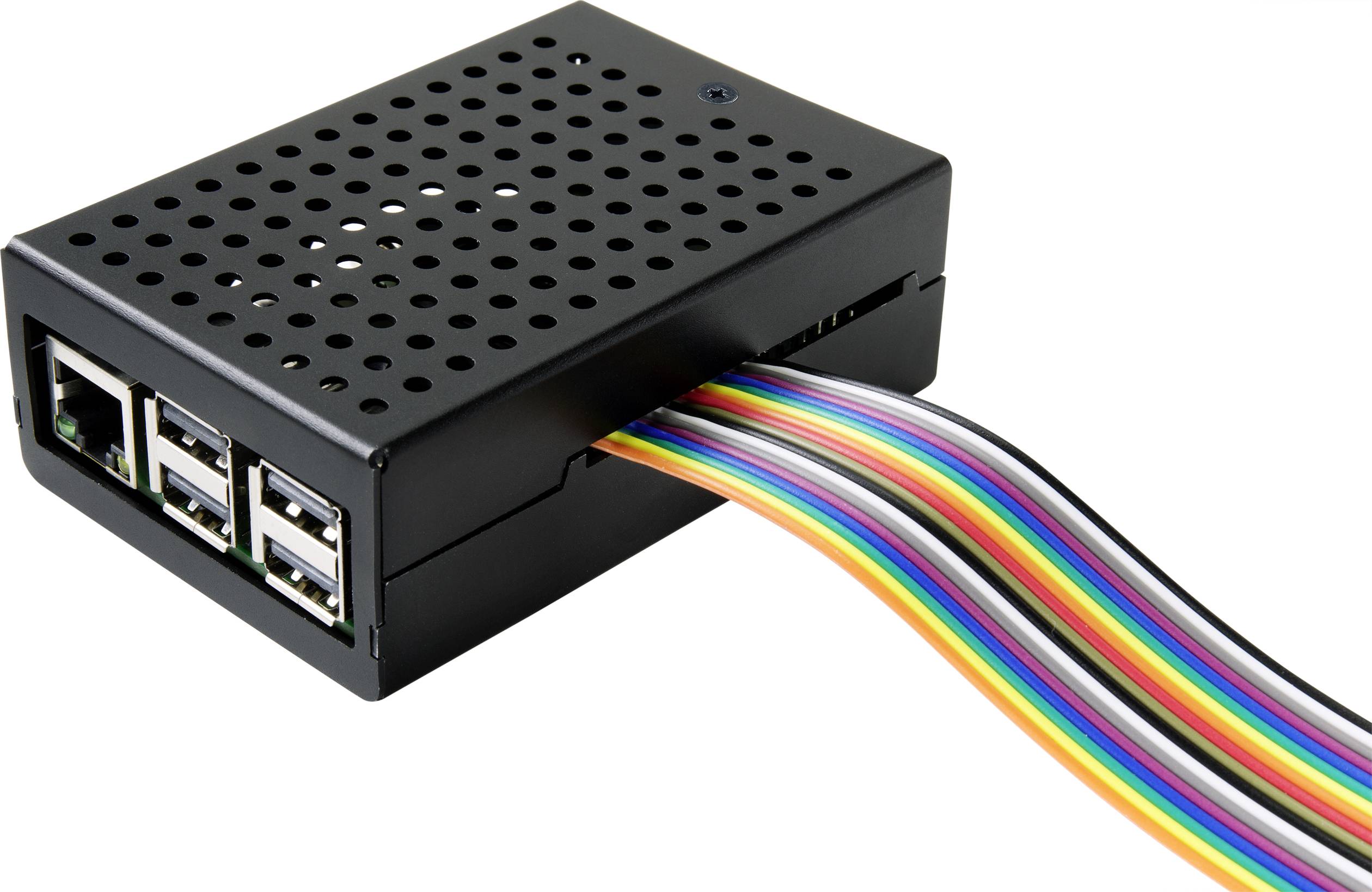 Un boîtier noir avec plusieurs ports USB et un faisceau de câbles colorés qui dépasse sur le côté.
