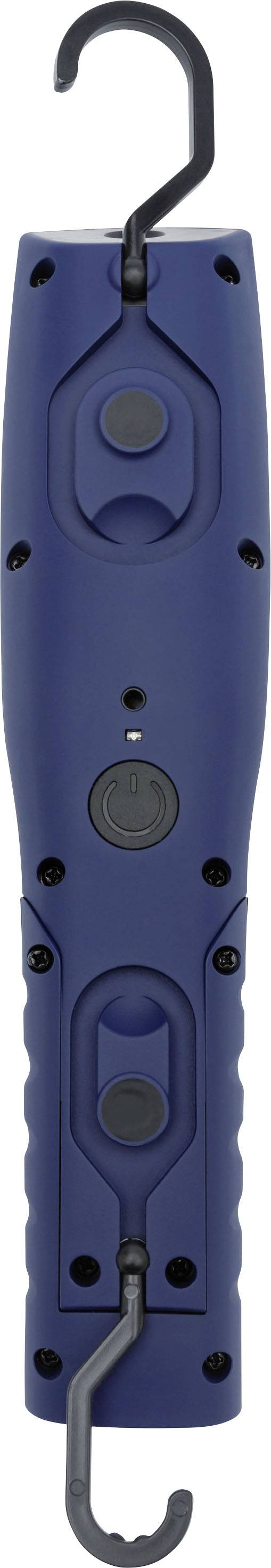 Lampe de travail portable bleue avec deux crochets aux extrémités, adaptée pour être suspendue dans différentes positions pour une utilisation polyvalente.