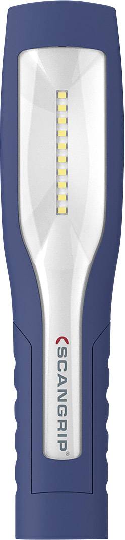 Lampe de poche bleue à LED avec poignée ergonomique et bande lumineuse verticale au centre. Marque 'Scangrip' à l'avant.