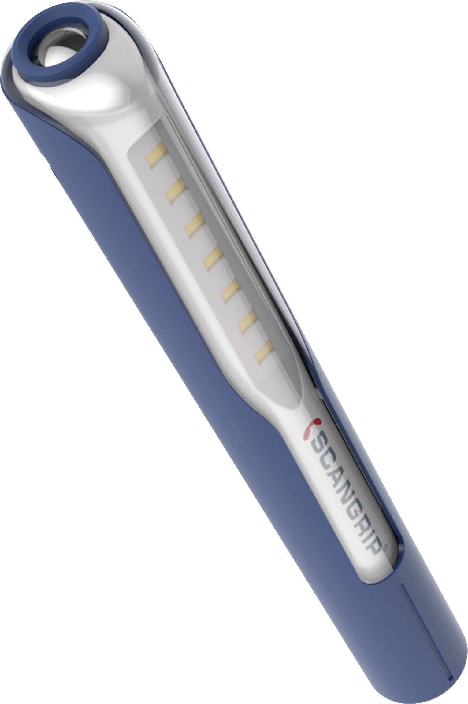 Lampe de poche bleue avec accent argenté et nom de marque gravé, les LED sont visibles sur la face avant.