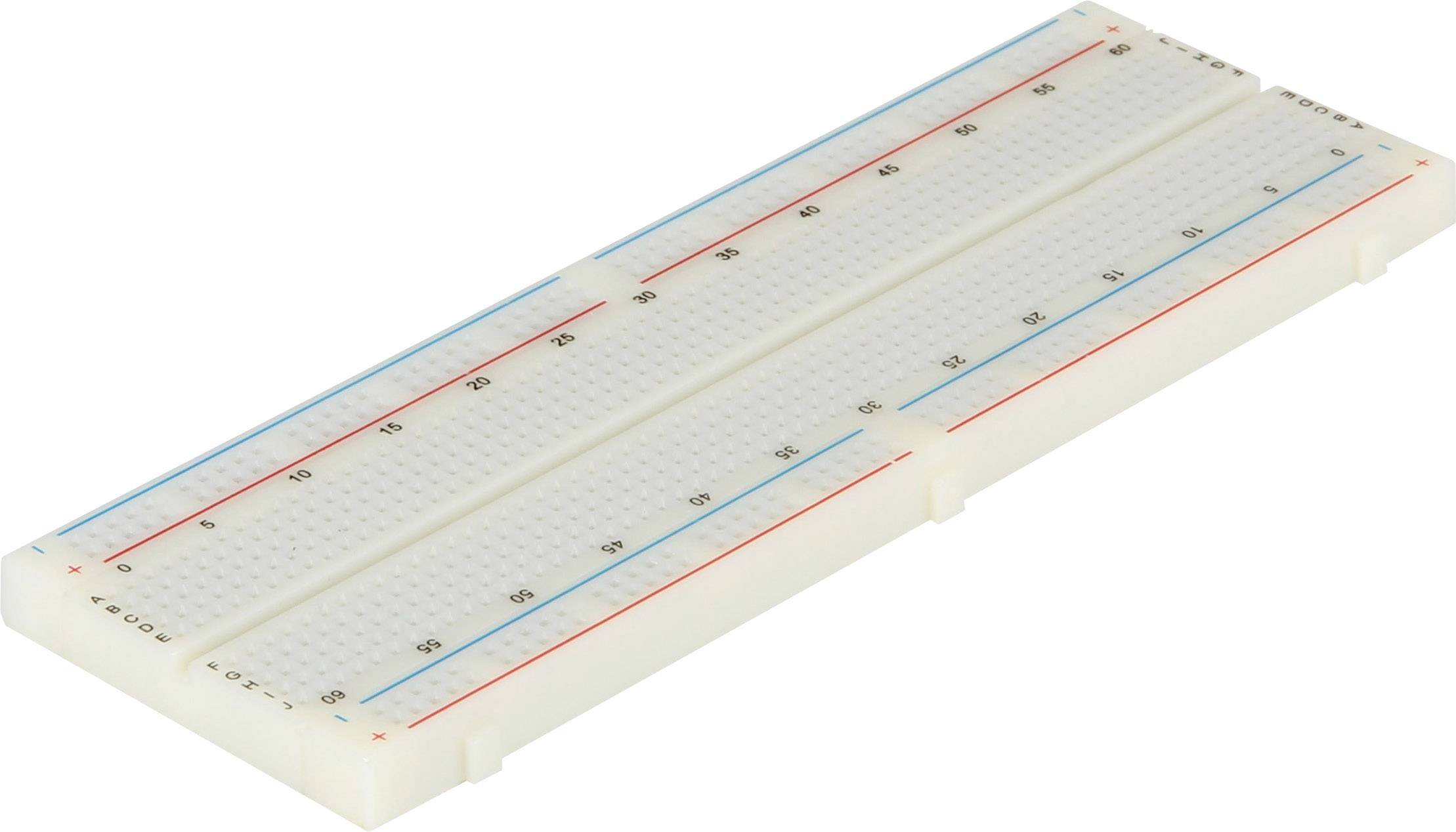 Une platine de prototypage est représentée, avec des rangées de contacts horizontaux et verticaux continus. Idéal pour les circuits électroniques.