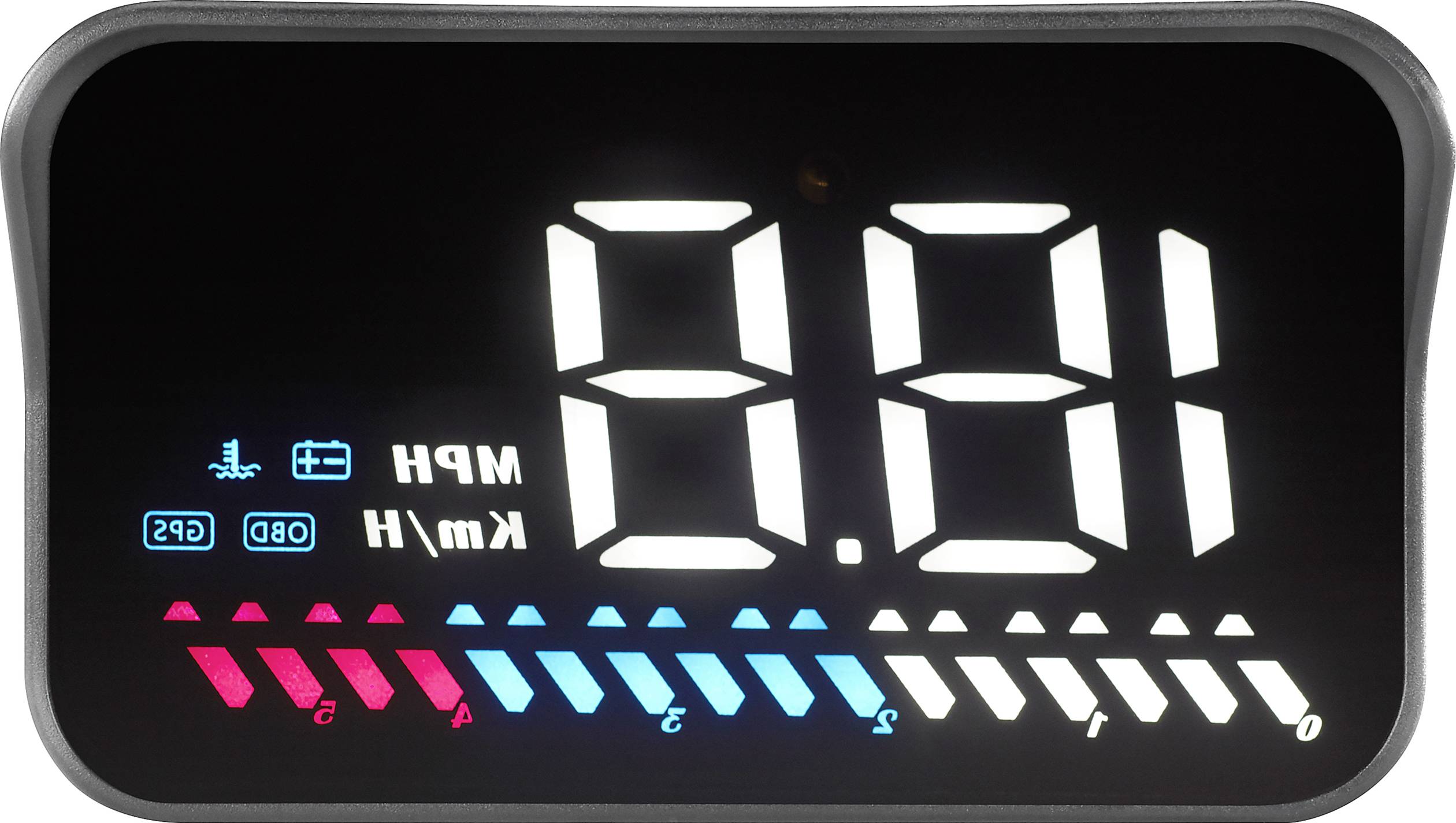 Tachymètre numérique affichant '0 MPH' et '0 Km/H', avec graphiques de température du moteur et jauge de carburant.