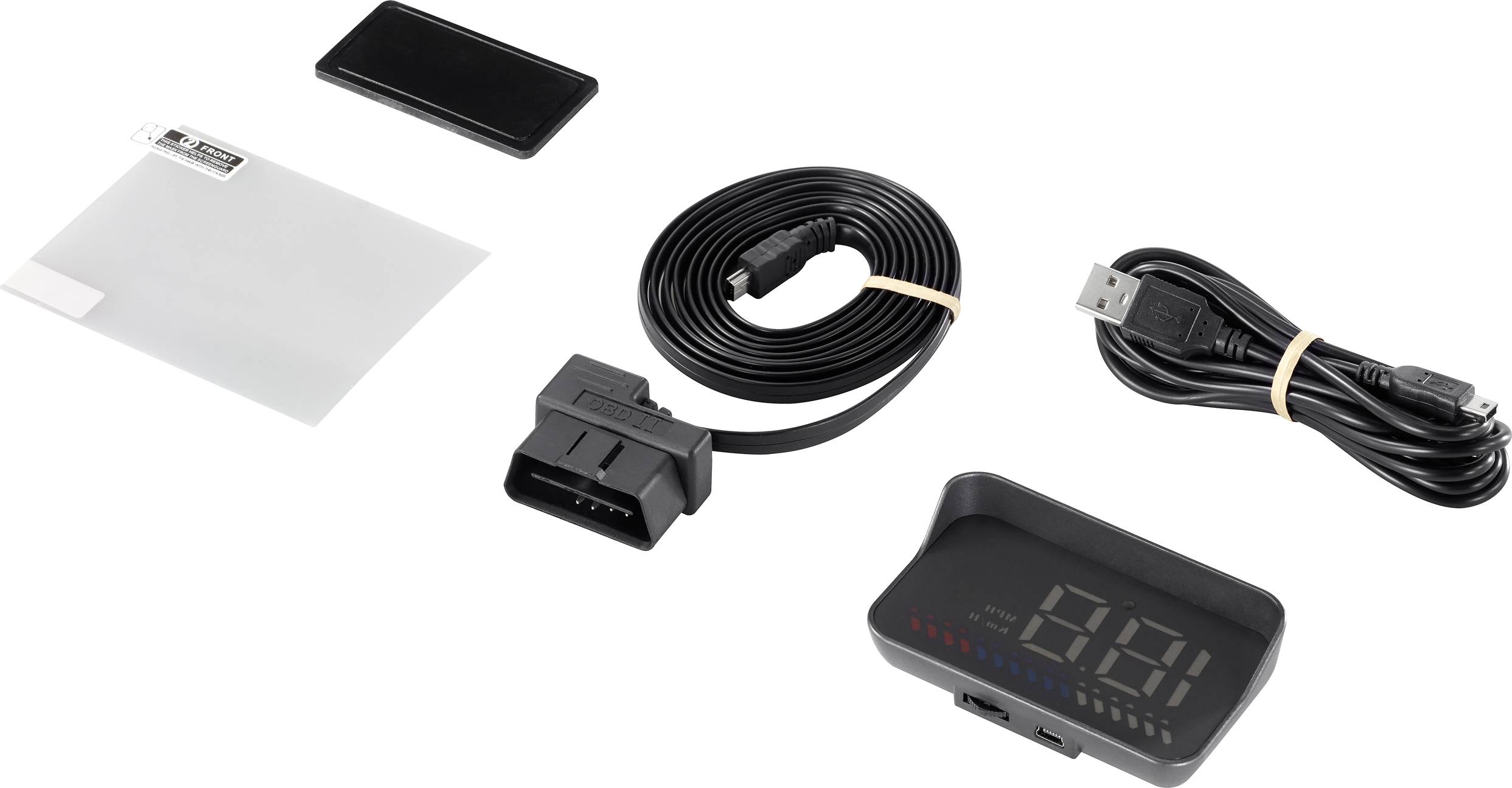 Kit d'accessoires automobiles avec adaptateur OBD2, câble USB, support d'affichage, film réfléchissant et dispositif d'affichage numérique pour diagnostic automobile.