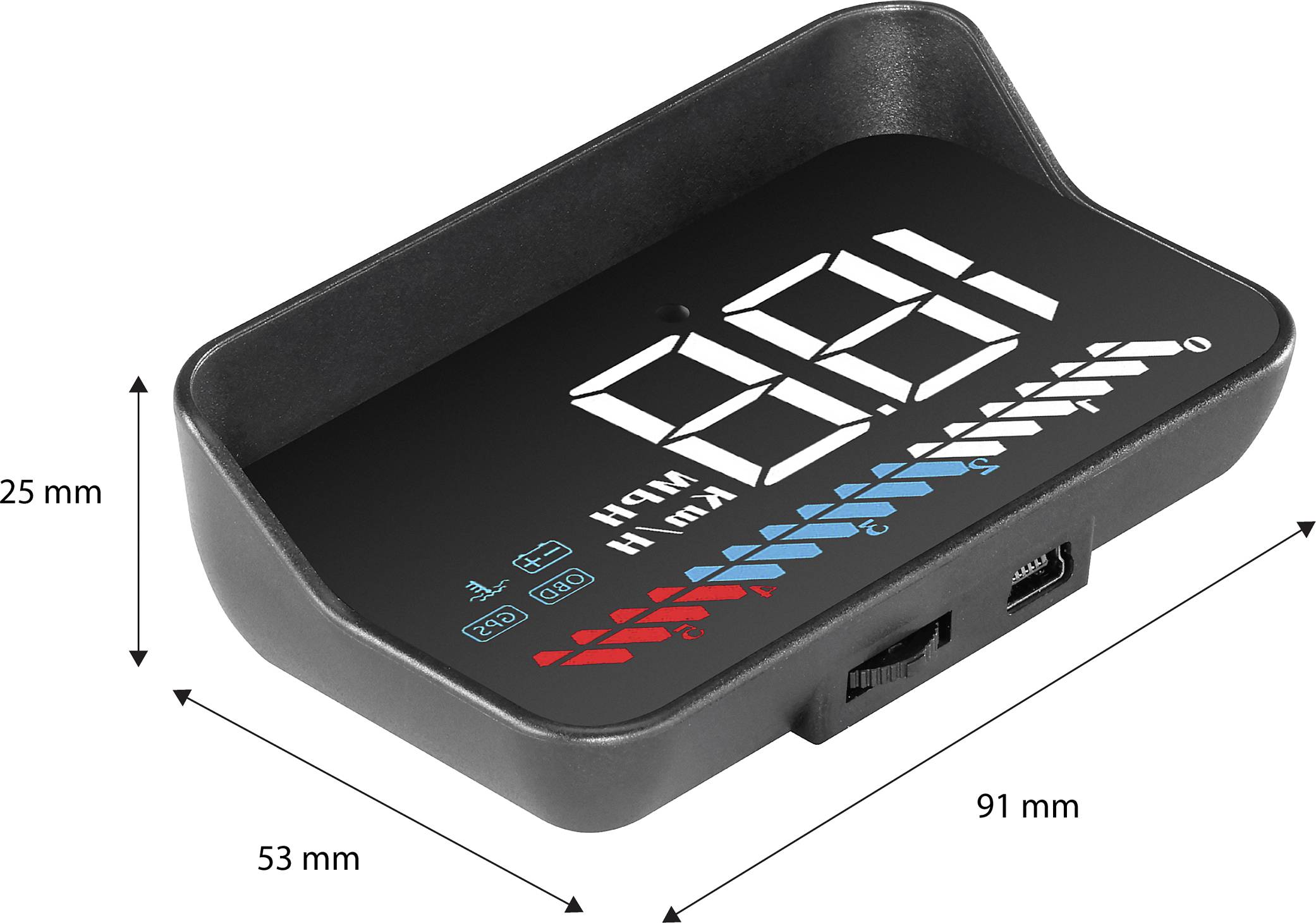 Appareil électronique avec affichage numérique ; indique '180 km/h'. Dimensions : 91 mm de largeur, 53 mm de profondeur, 25 mm de hauteur.