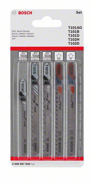Ensemble de lames de scie sauteuse Bosch : T101AO, T101B, T101D, T102H, T102D. Compatible avec AEG, Black+Decker, Bosch, DeWalt, Hitachi, Makita, Metabo, Skil.