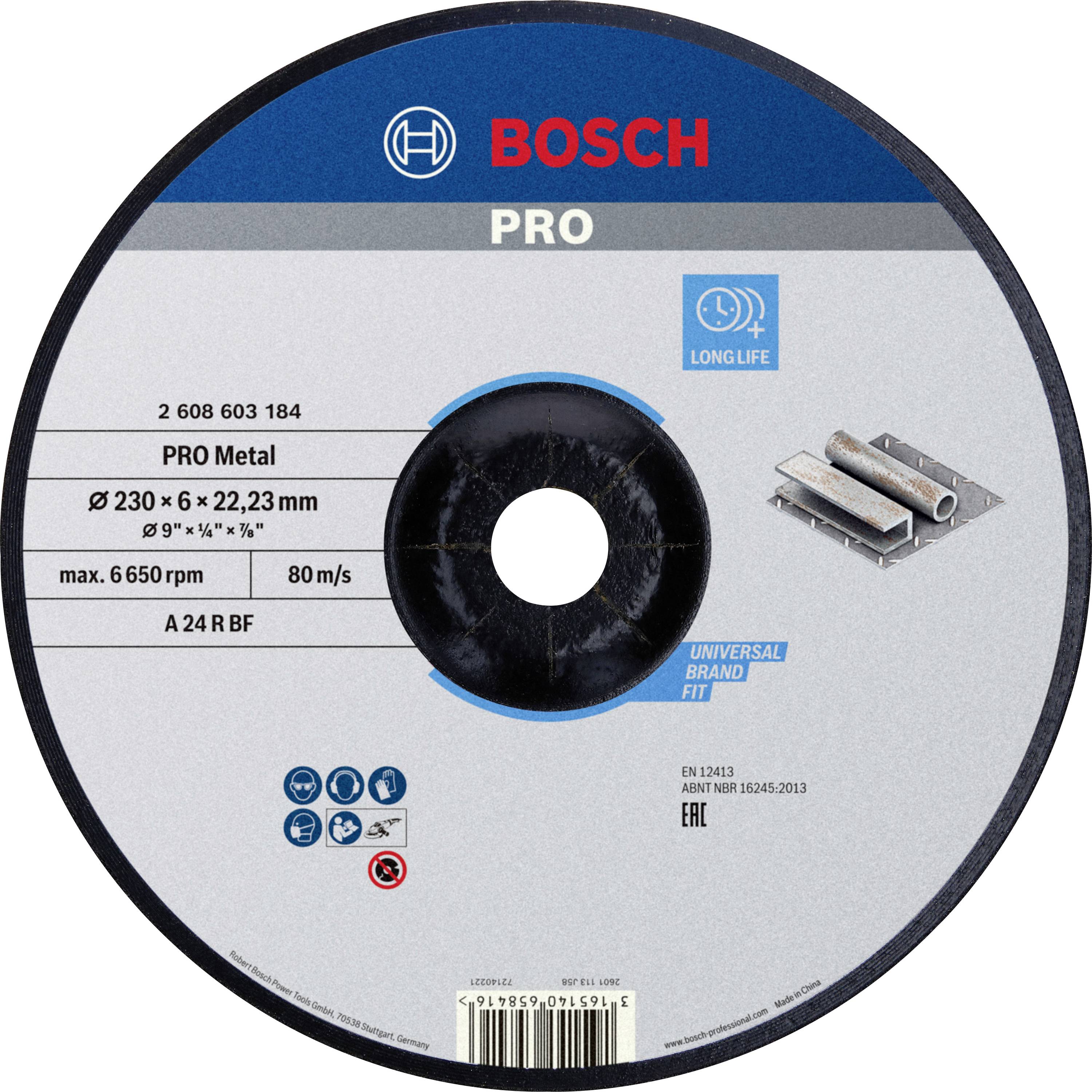 Disque métallique Bosch Pro, diamètre 230 mm, épaisseur 6 mm, alésage 22,23 mm. Vitesse de rotation maximale : 6 650 tr/min. Adapté pour le métal.