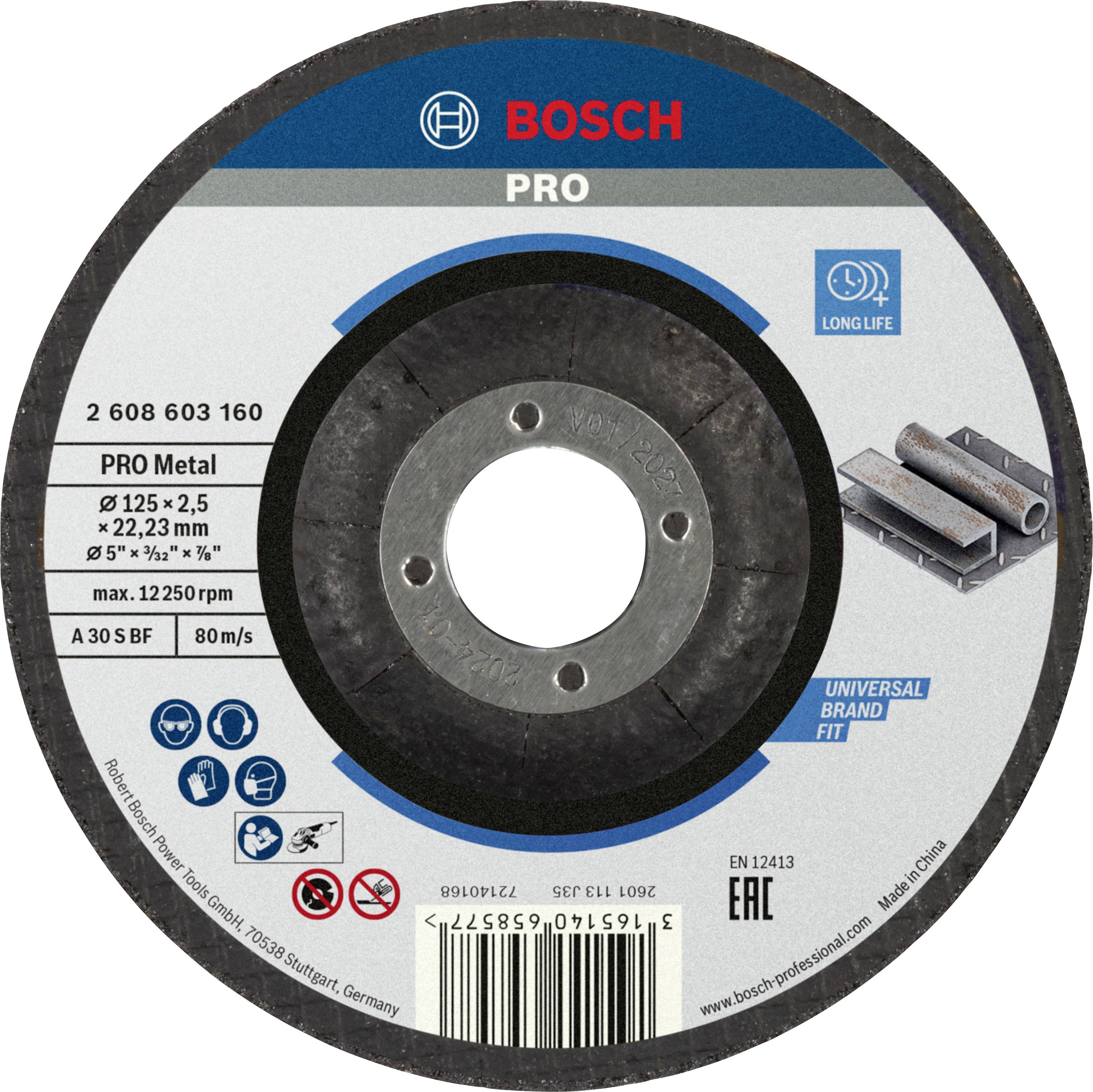 Disque à tronçonner Bosch PRO, adapté pour l'usinage des métaux, diamètre 125 mm, épaisseur 2,5 mm. Particulièrement durable.