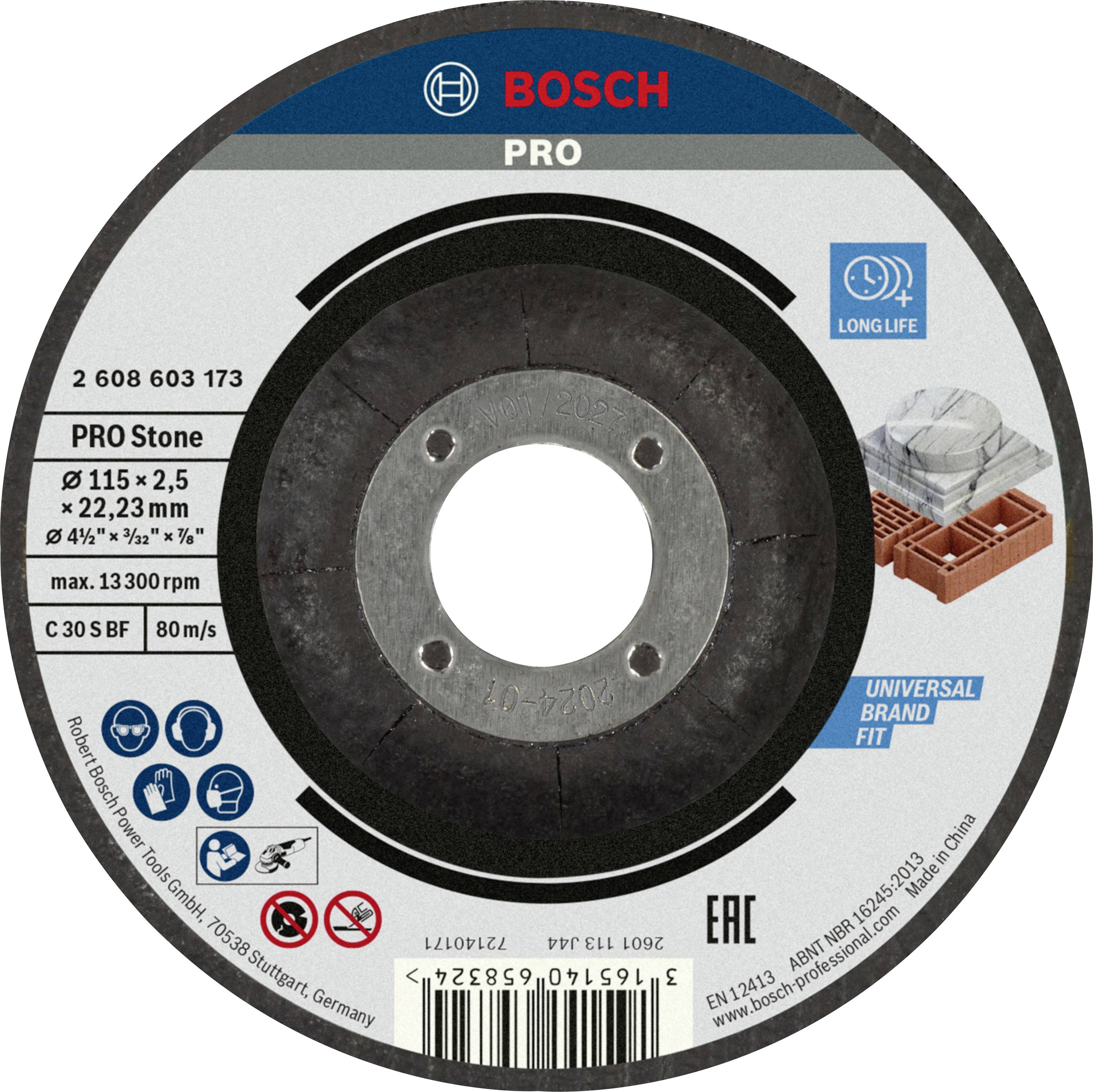 Disque à tronçonner Bosch pour pierre, diamètre 115 mm, vitesse maximale de 13 300 tr/min, adapté aux marques universelles, affichant logos et normes.