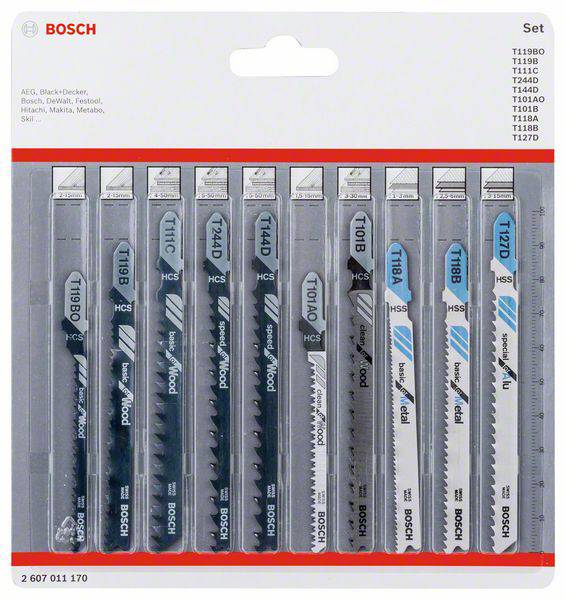 Ensemble de lames de scie sabre Bosch, 10 pièces en blister, avec descriptions des formes de lames et des possibilités d'utilisation pour différents matériaux.