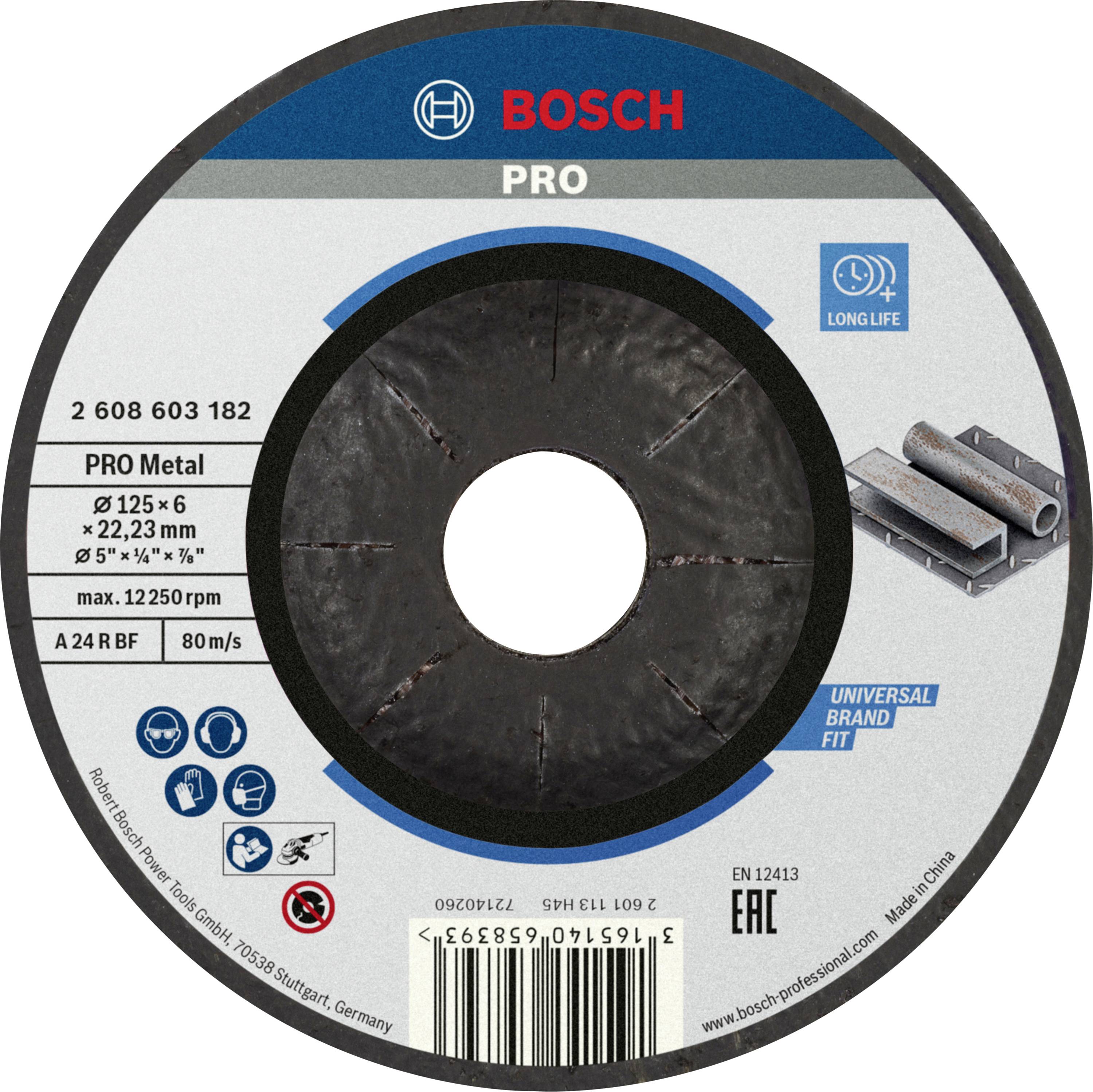 Disque de meulage Bosch pour l'usinage des métaux, dimensions 125x6 mm, vitesse maximale 12 250 tr/min, durée de vie prolongée, adaptabilité universelle.