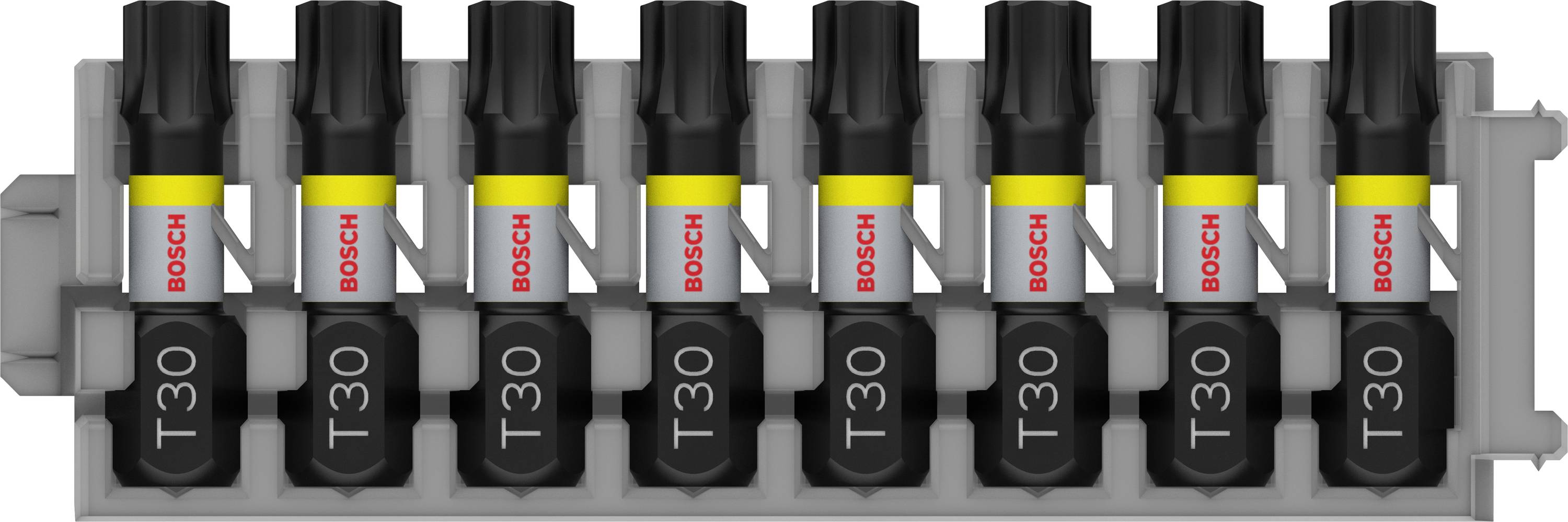 Huit embouts de vissage noirs de la marque Bosch portant l'inscription 'T30', organisés uniformément dans un support gris.