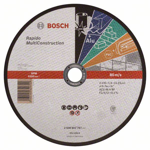 Disque à tronçonner Bosch pour MultiConstruction. Convient pour le métal, l'aluminium, le PVC, le bois. Vitesse max. 80 m/s, Ø230 mm x 1,9x22,23 mm.