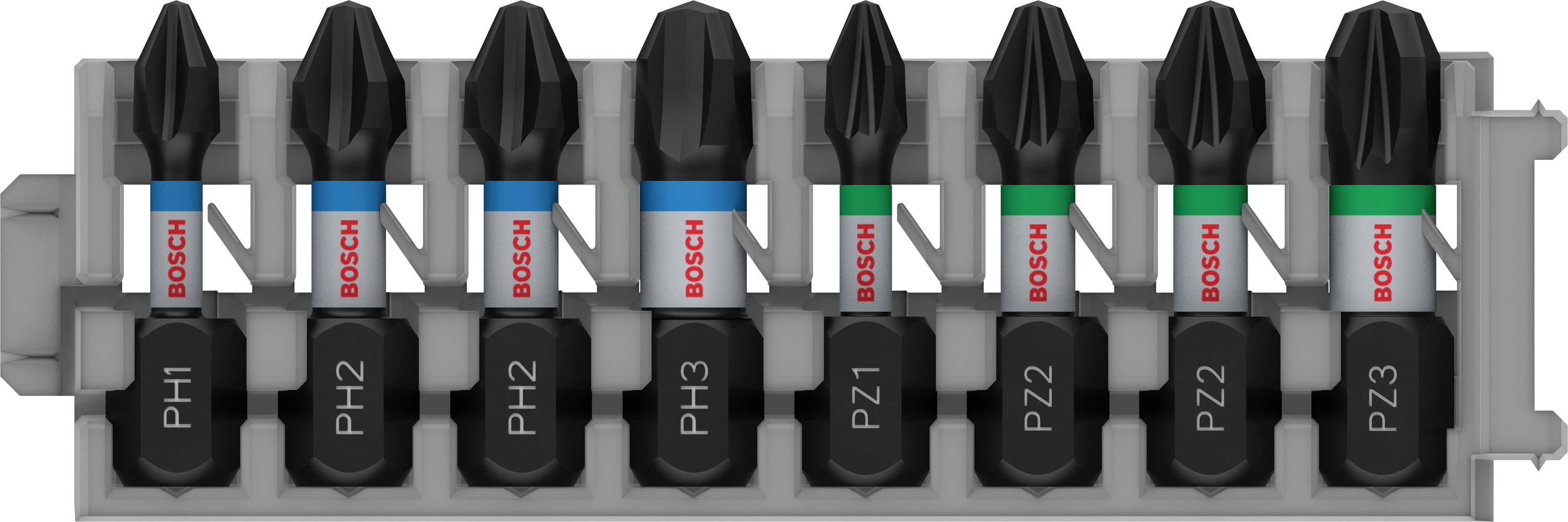 Huit embouts de tournevis Bosch dans un support en plastique. Ils sont marqués des tailles PH1, PH2, PH3, PZ1, PZ2, PZ2, PZ3.