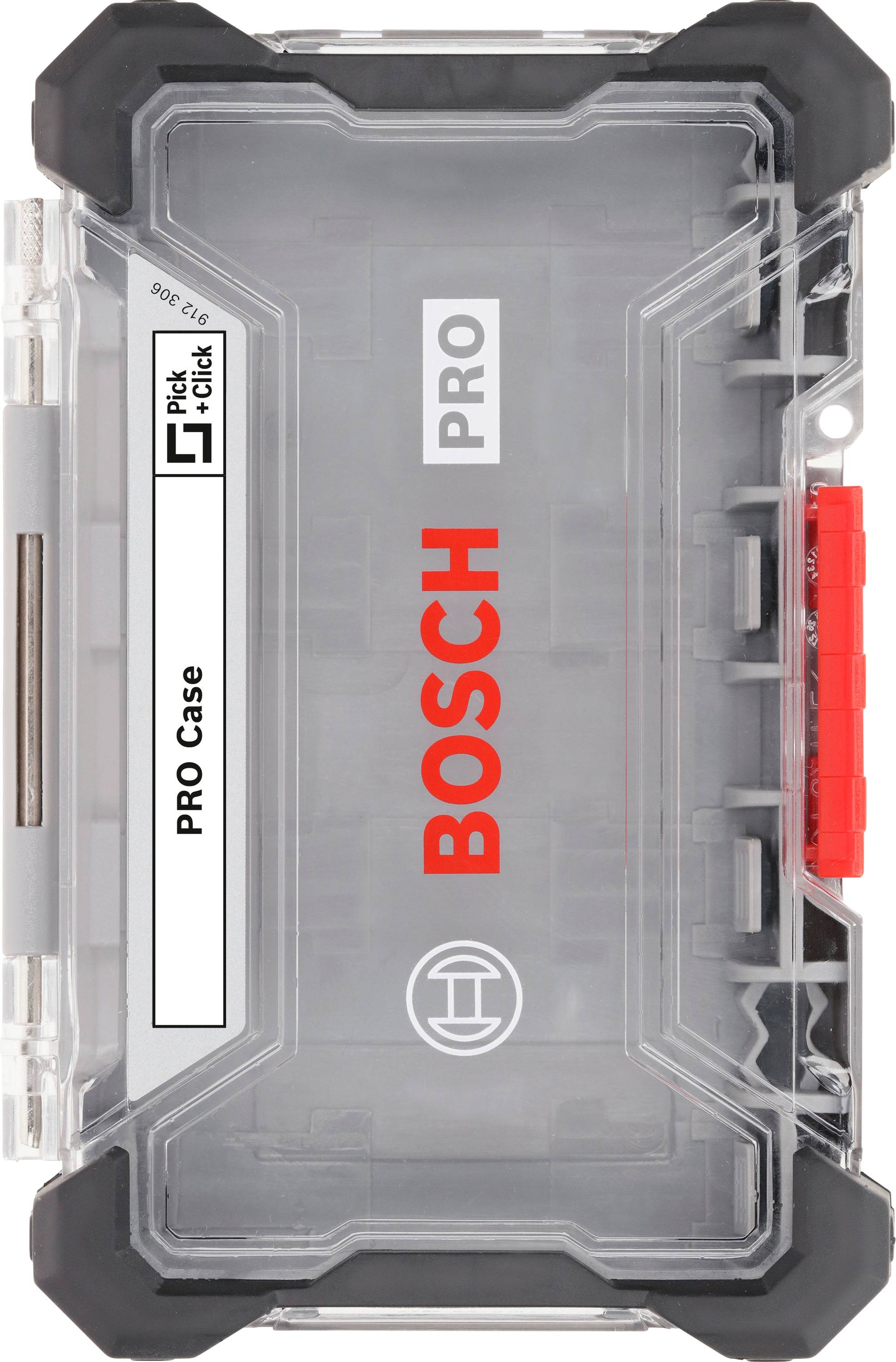 Boîte en plastique transparent portant l'inscription 'BOSCH PRO'. Contient des compartiments pour le rangement des outils ou des petites pièces.