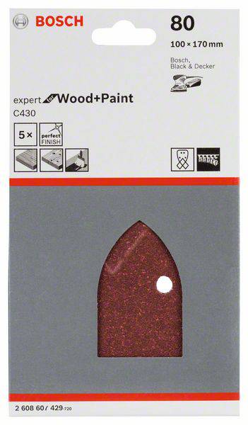Papier de verre Bosch, grain 80, 100 x 170 mm, adapté pour le bois et la peinture, lot de 5 pièces. Surface parfaite, compatible avec Bosch et Black & Decker.