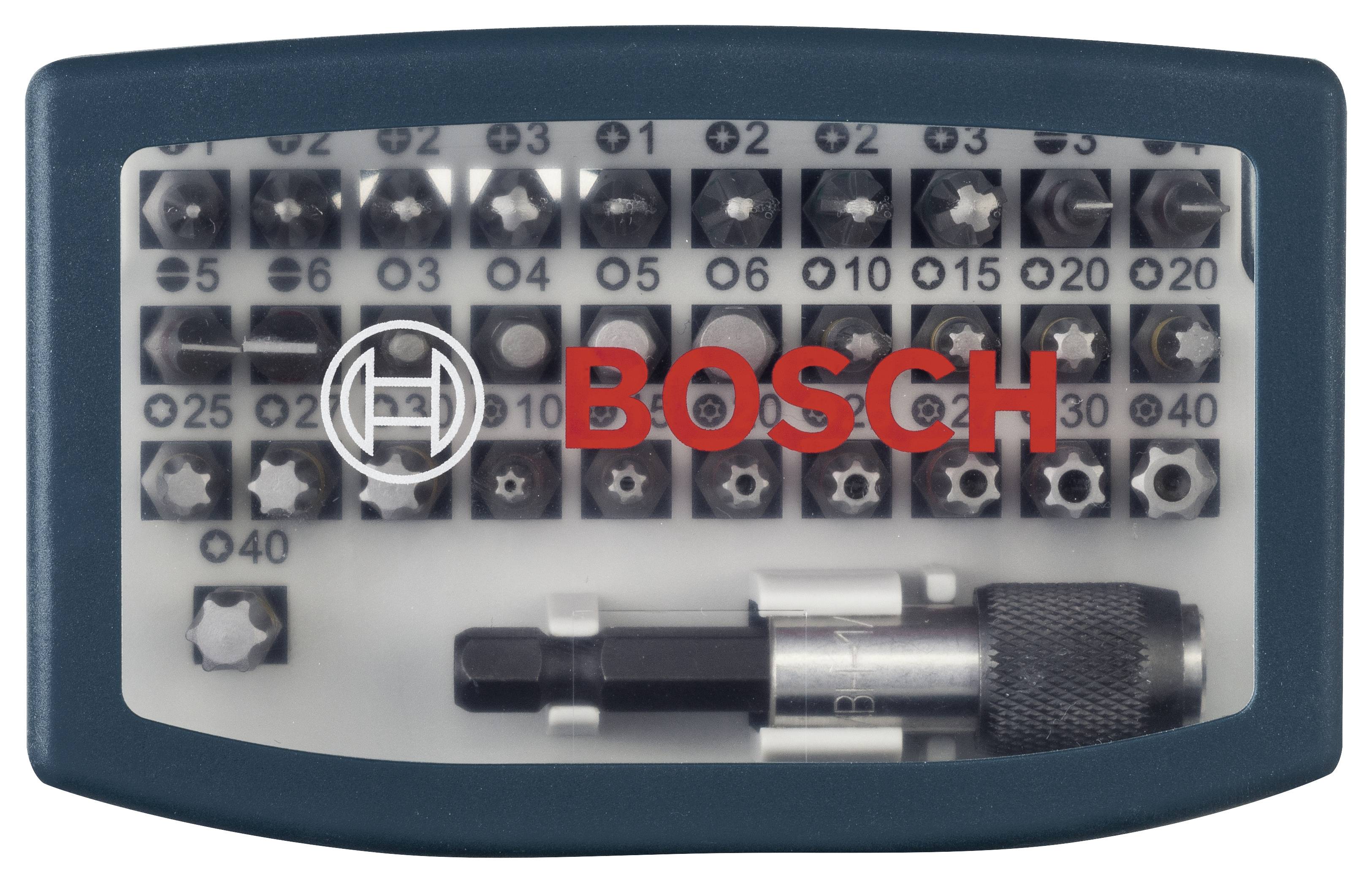 Coffret de embouts de Bosch avec différentes tailles et types de bits dans un boîtier en plastique vert. Contient des embouts Torx, hexagonaux et Phillips.