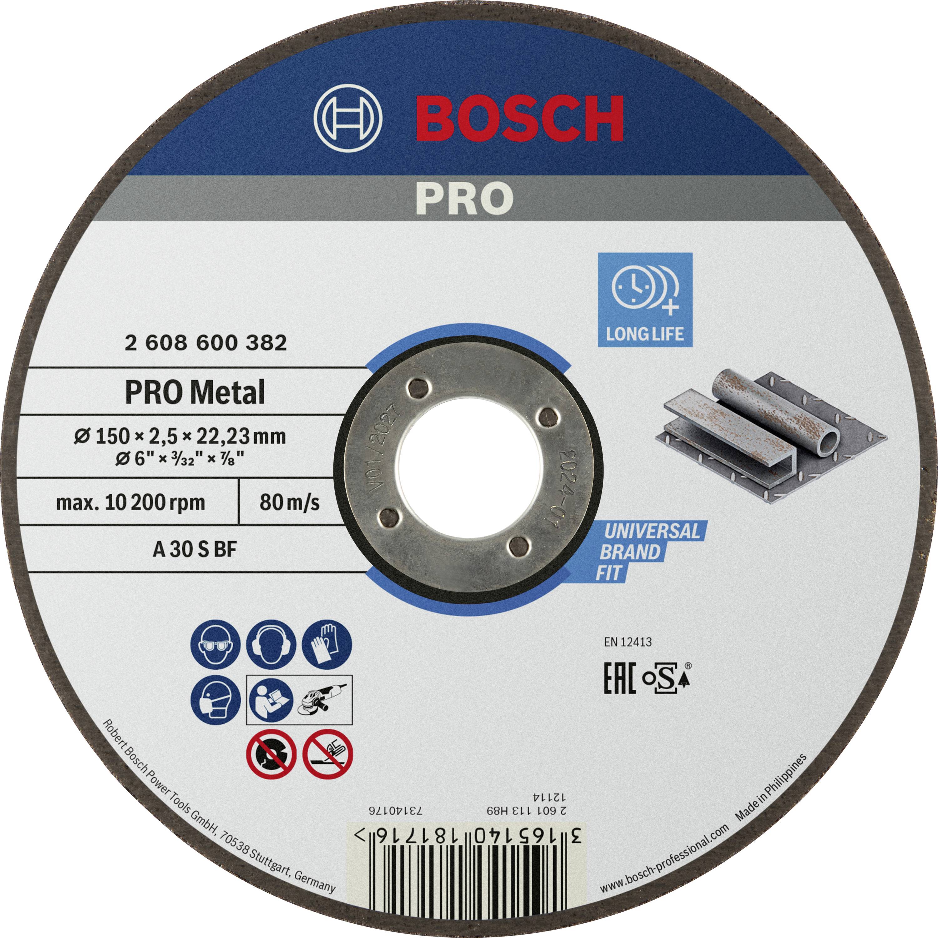 Disque à tronçonner 'Bosch PRO Metal', diamètre de 150 mm, vitesse de 80 m/s, adapté pour l'usinage de l'acier, durée de vie prolongée.