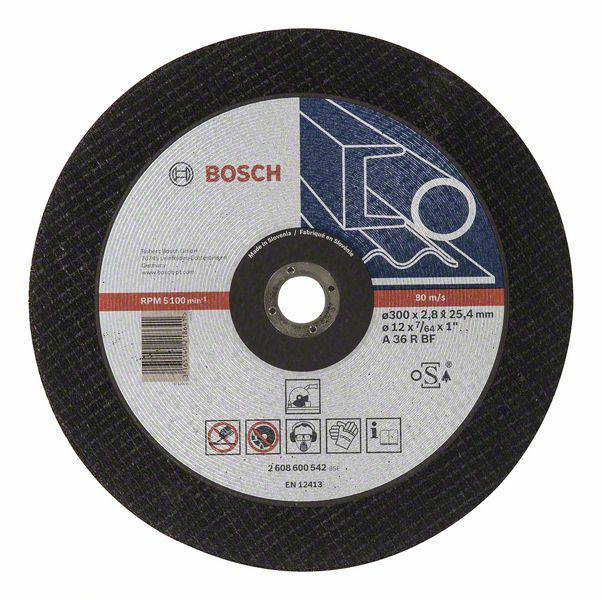 Une disqueuse Bosch, adaptée pour l'usinage des métaux. Les dimensions, le régime de rotation et les avertissements de sécurité sont indiqués.