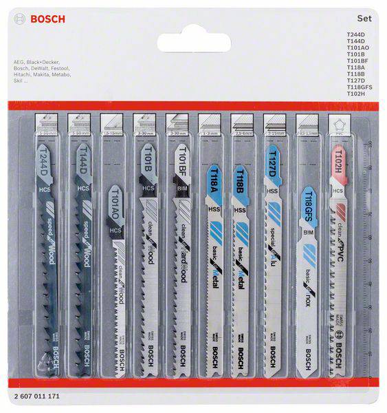 Ensemble de huit lames de scie sauteuse Bosch dans leur emballage d'origine. Chaque lame est identifiée pour différents types de coupes et de matériaux.