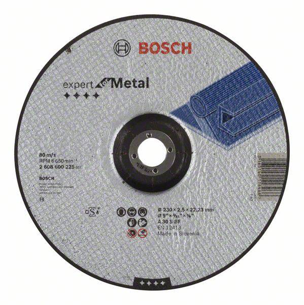 Disque à tronçonner Bosch pour métal. Inscription : 'expert for Metal'. Diamètre : 230 mm, épaisseur : 2,5 mm. Vitesse : 80 m/s.