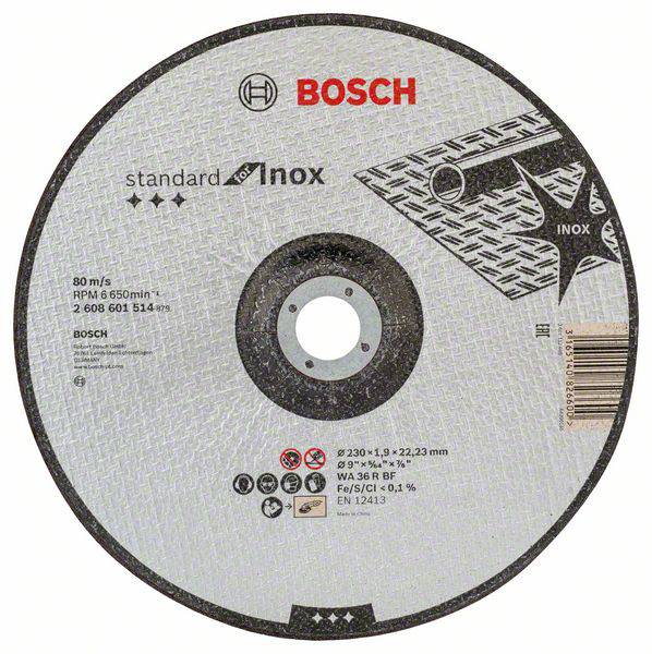 Disque de coupe Bosch : 'Standard for Inox', diamètre 230 mm, épaisseur 1,9 mm. Adapté à l'acier inoxydable, vitesse max. 80 m/s, 6500 tr/min.