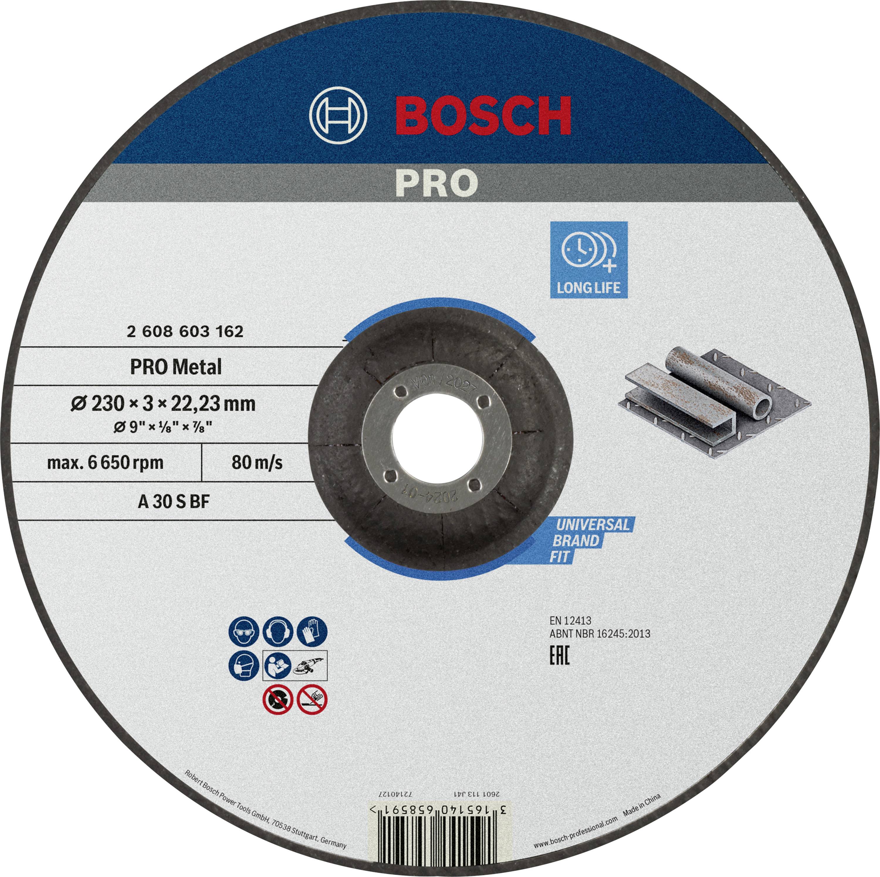 Disque à tronçonner Bosch pour métal, diamètre 230 mm, épaisseur 3 mm. Caractéristiques : vitesse max. 6650 tr/min, 'Longue Durée', 'Compatibilité Universelle'.